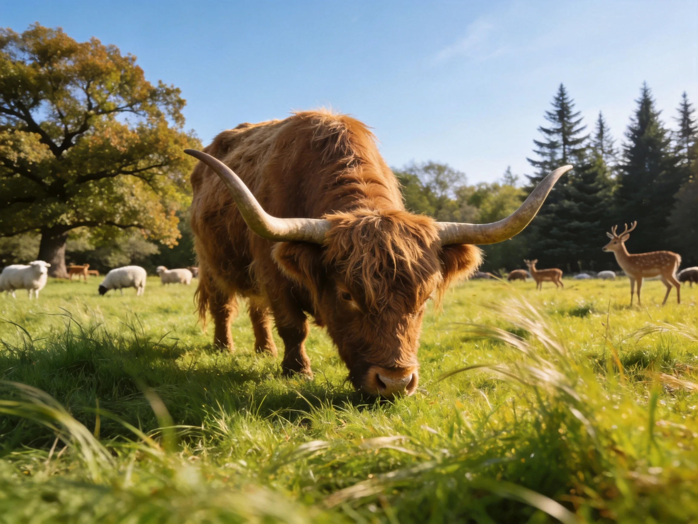 A brown Highland cow feeds in a sunny meadow with sheep and deer nearby.
