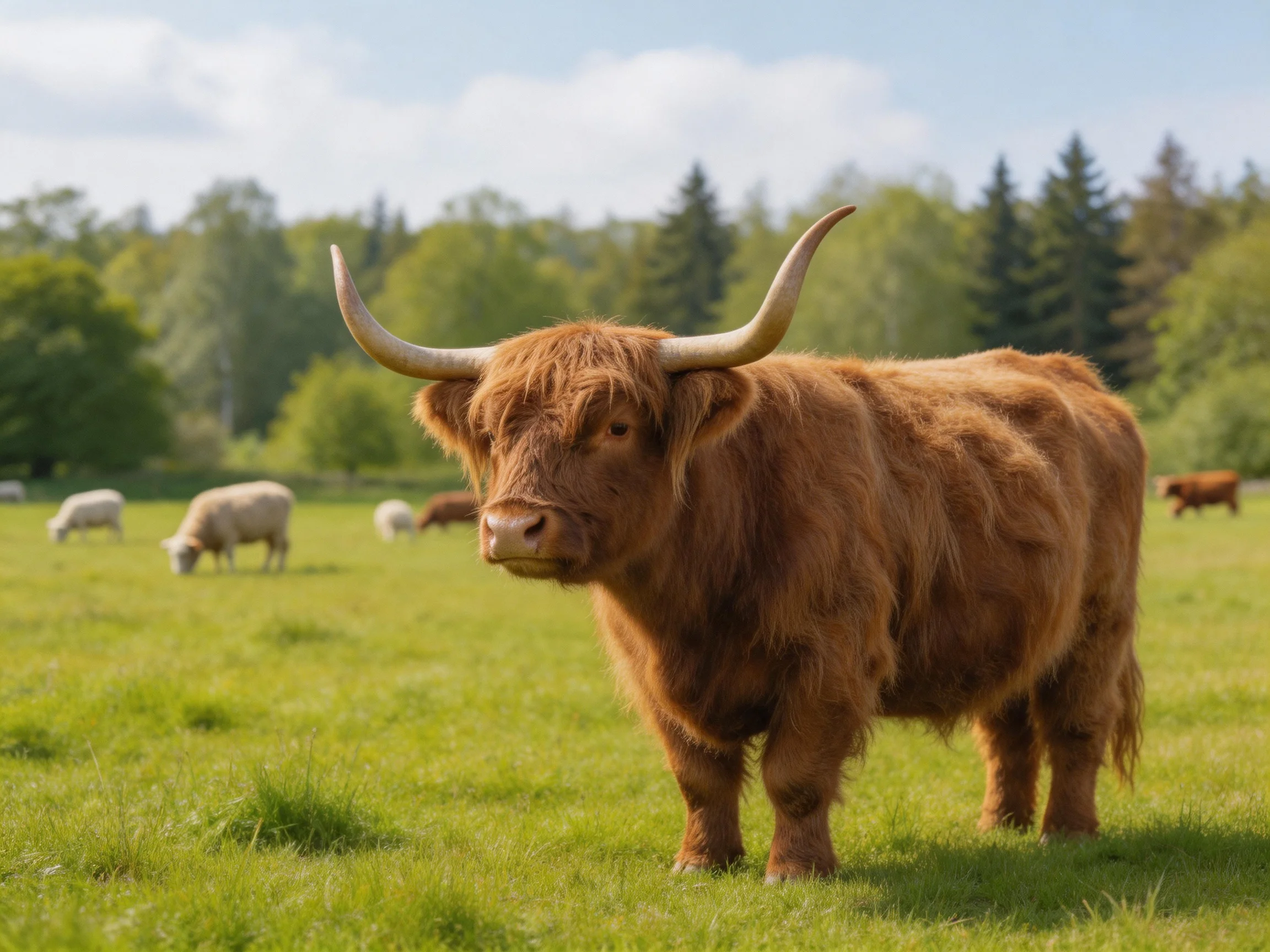 A large brown Highland cow in a lush green pasture with grazing sheep