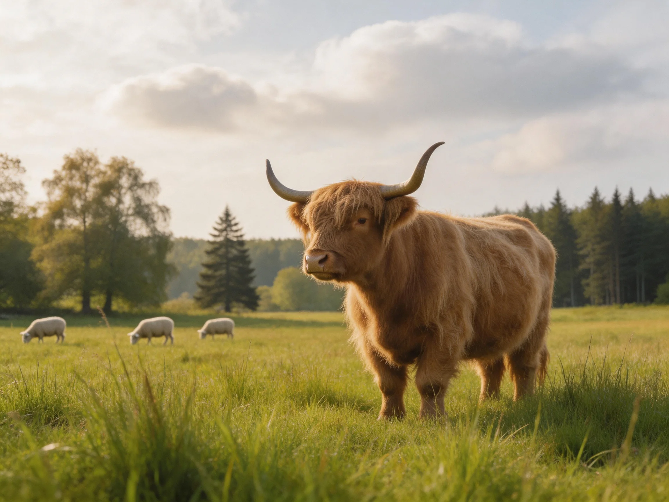 A large brown Highland cow in a sunlit green meadow with grazing sheep