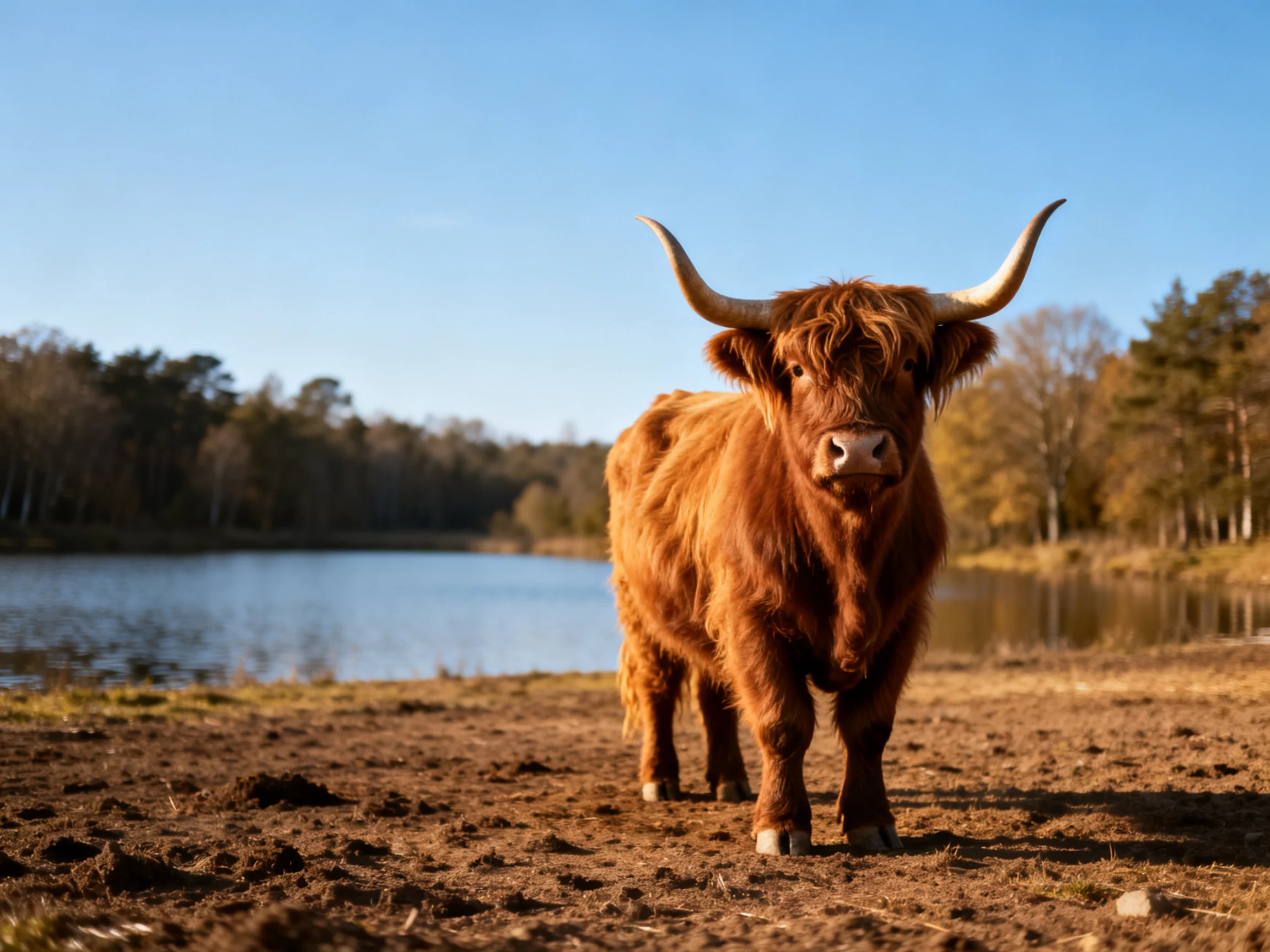 A large brown Highland cow stands near a calm lake with autumn trees
