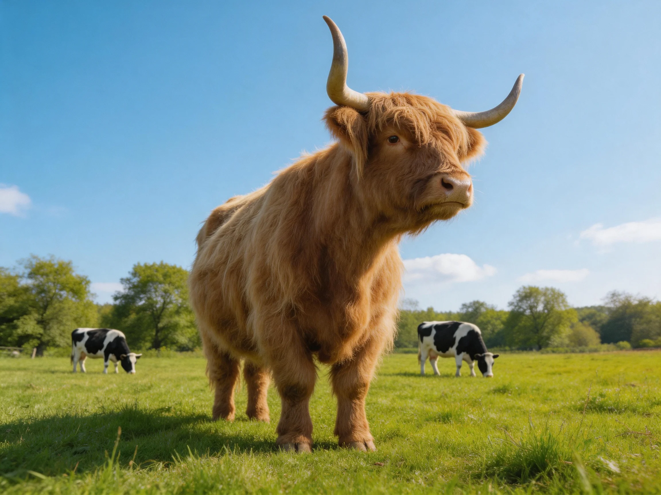 A large brown Highland cow stands in a green meadow with two black - white cows