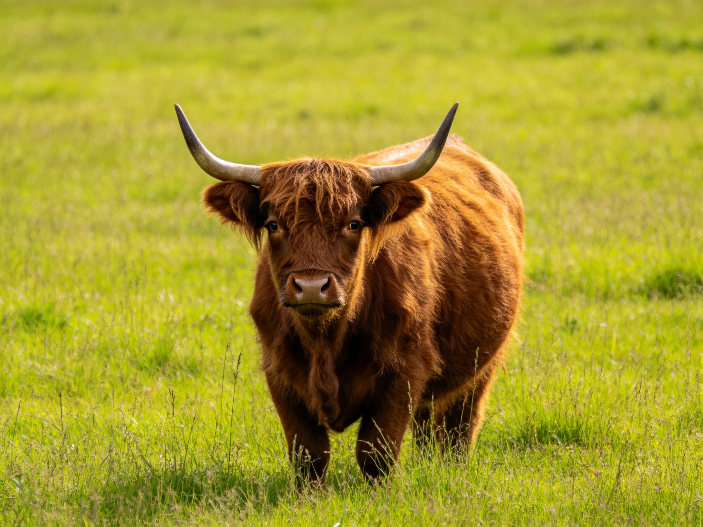 A brown Highland cow with long curved horns stands in a green meadow.