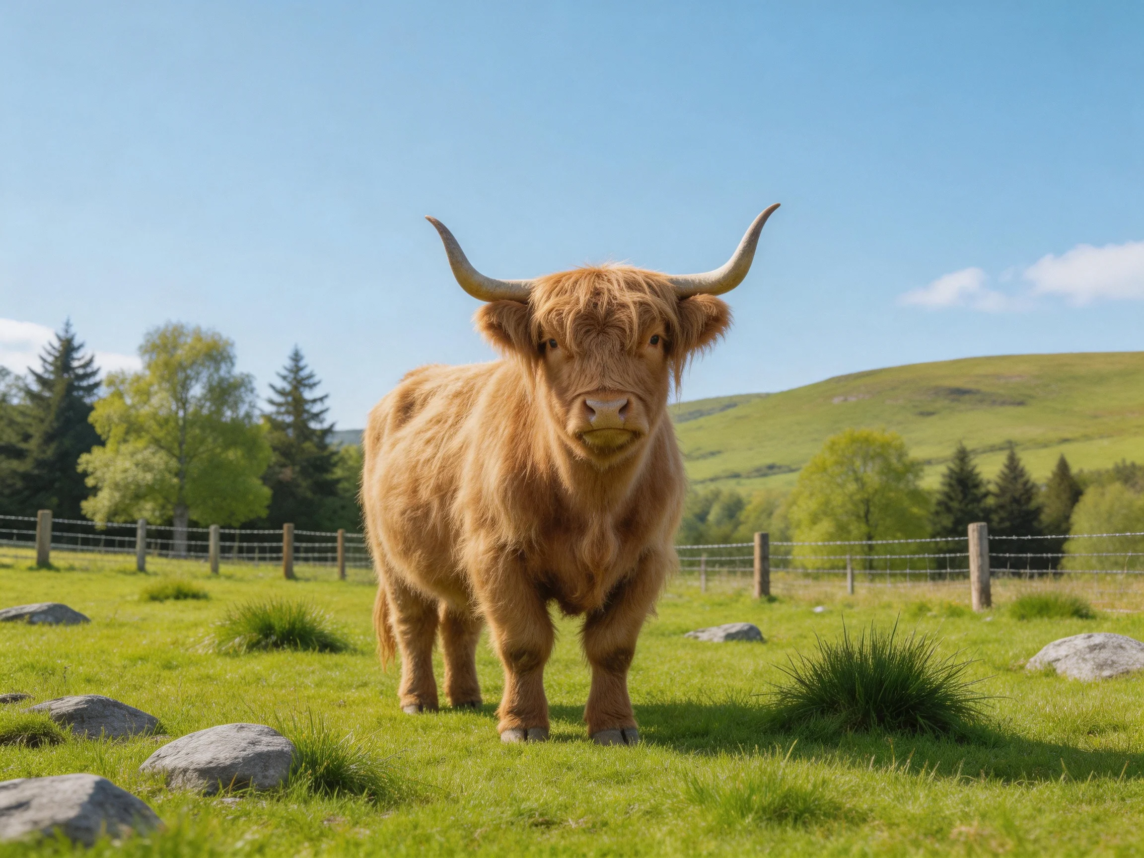 A large brown Highland cow stands in a lush green pasture