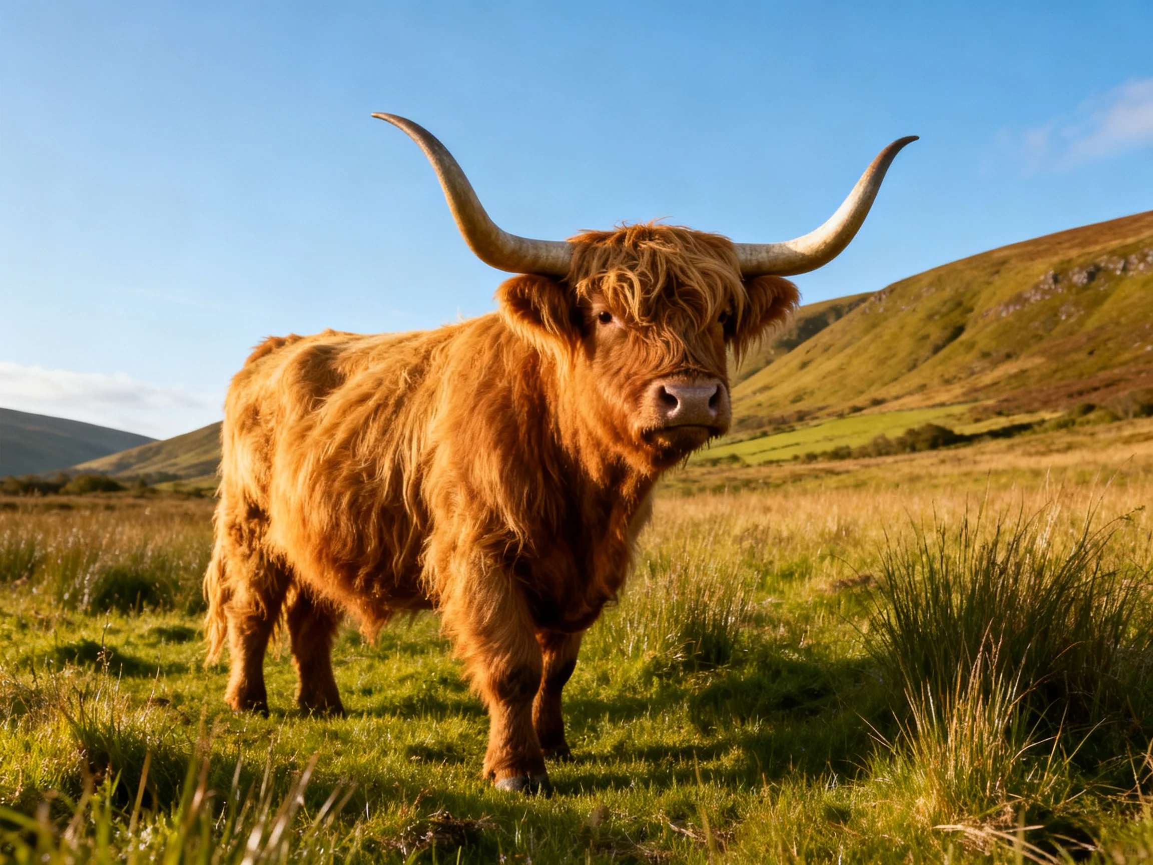 A large brown Highland cow stands in a sunlit green meadow with rolling hills nearby.