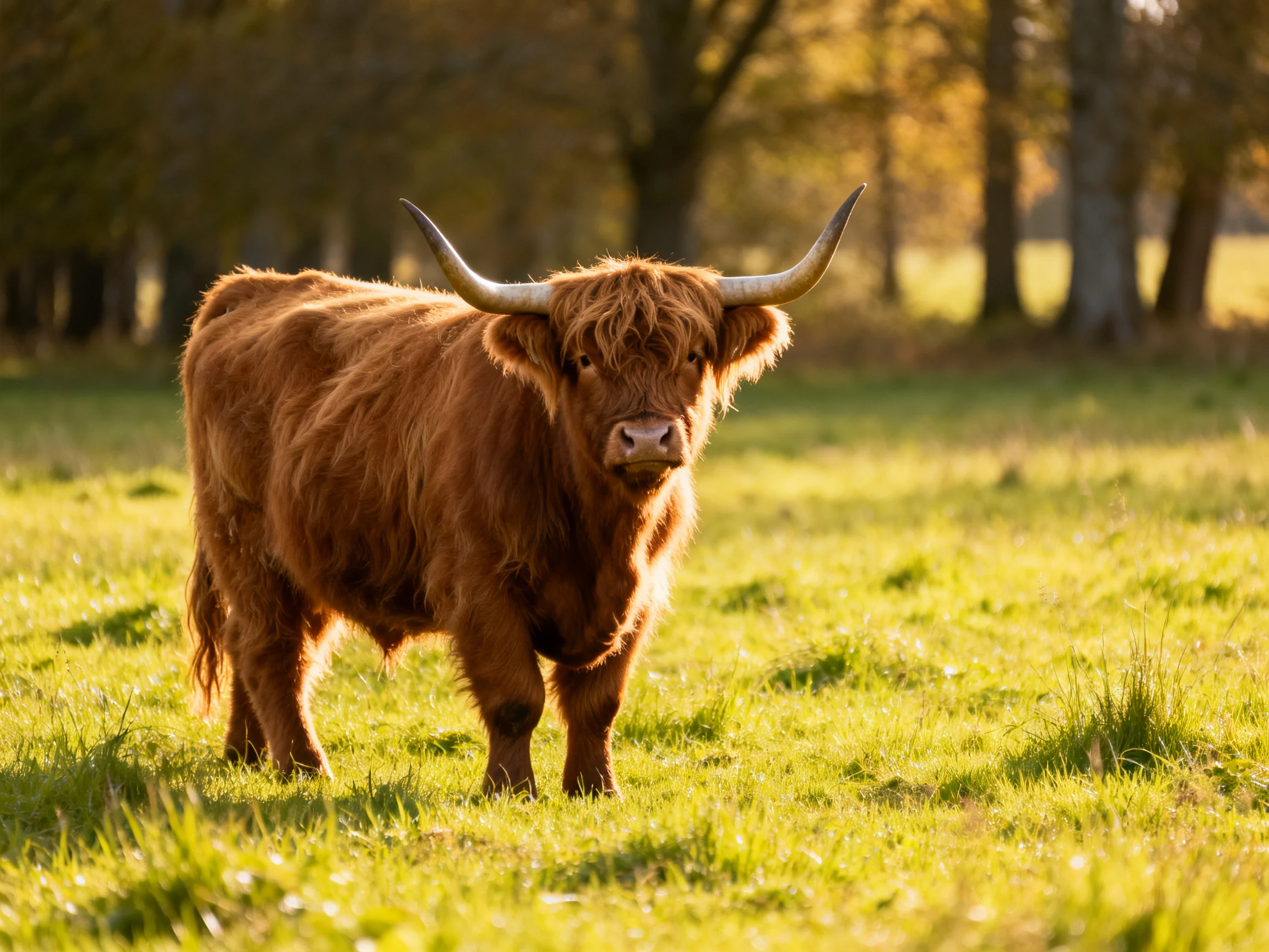 A single brown Highland cow stands in a sunlit green meadow near trees.