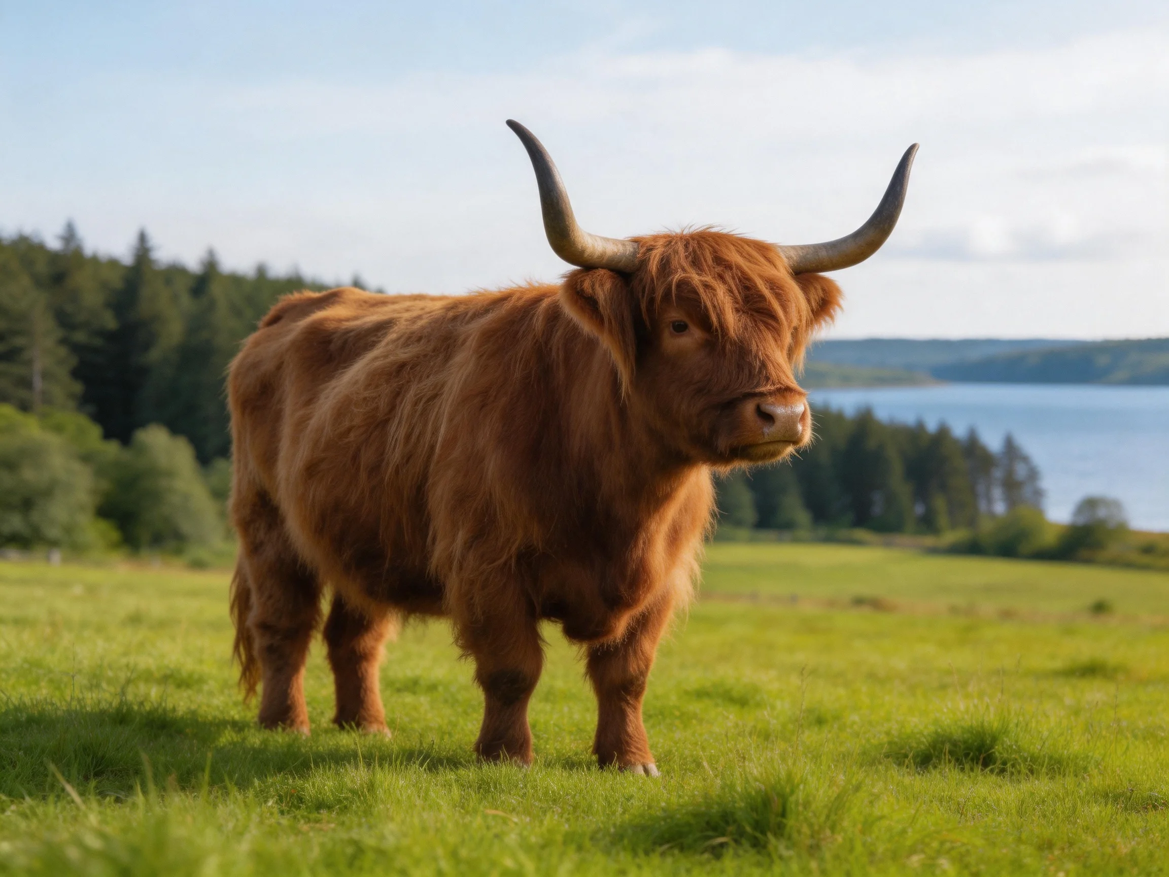 A large brown Highland cow stands in a sunlit green meadow near water