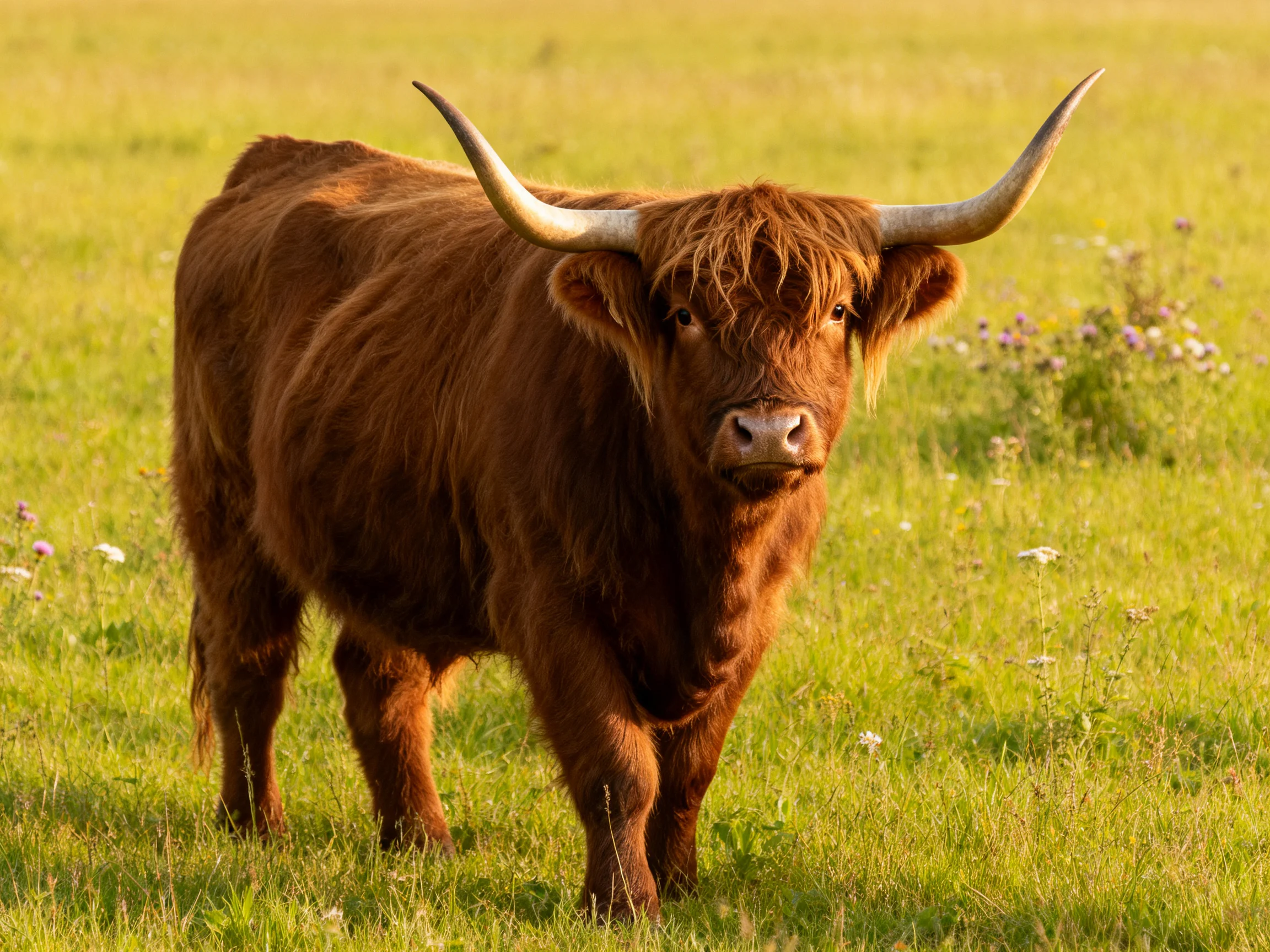 A large brown Highland cow stands in a sunlit green meadow