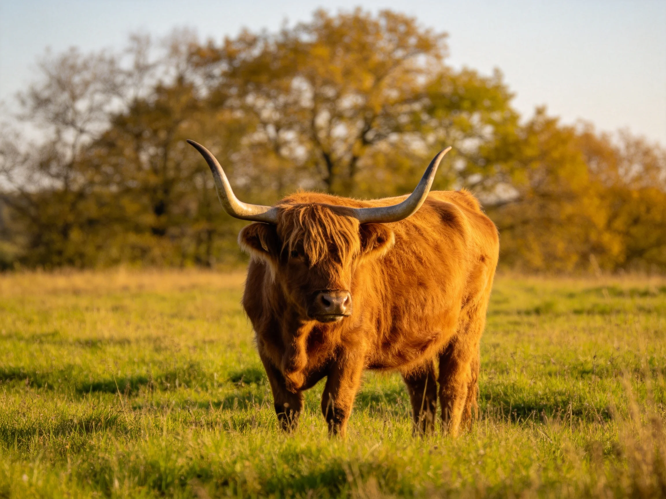 A large brown Highland cow stands in a sunlit meadow with trees in the distance.