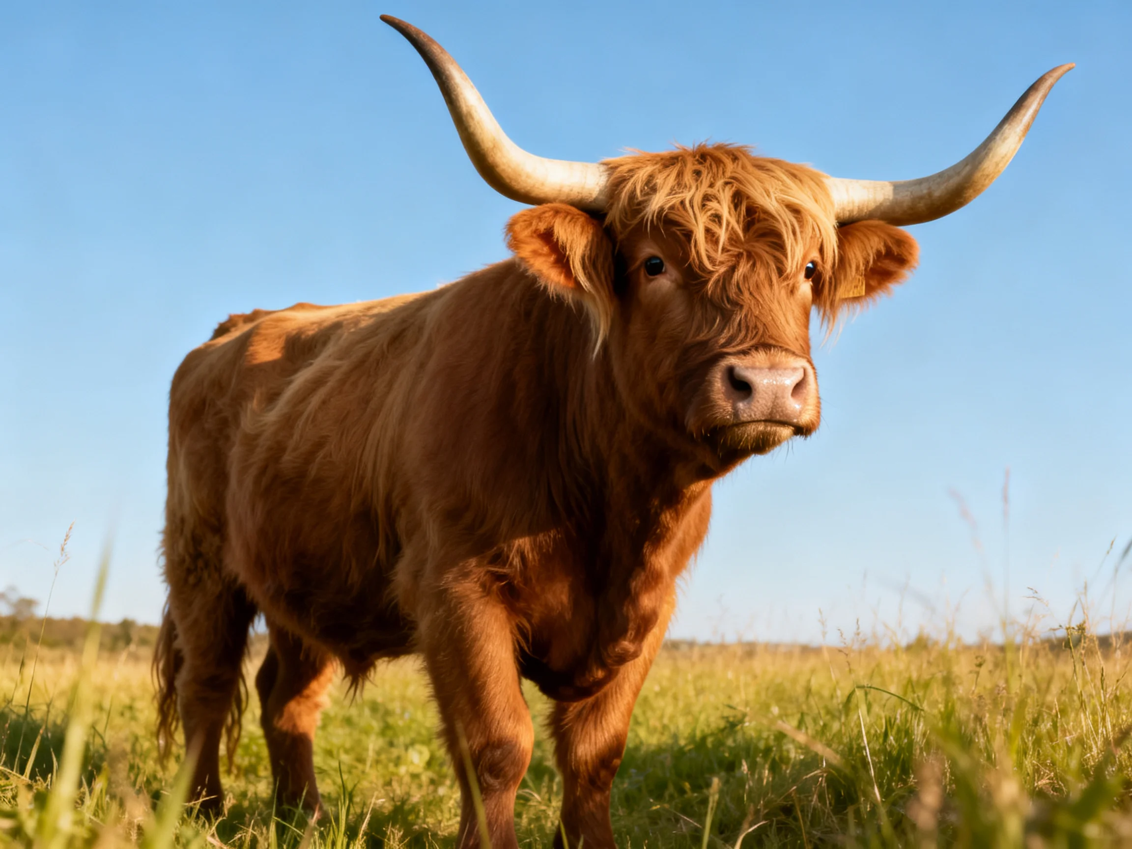 A large brown Highland cow stands in an open grassy field