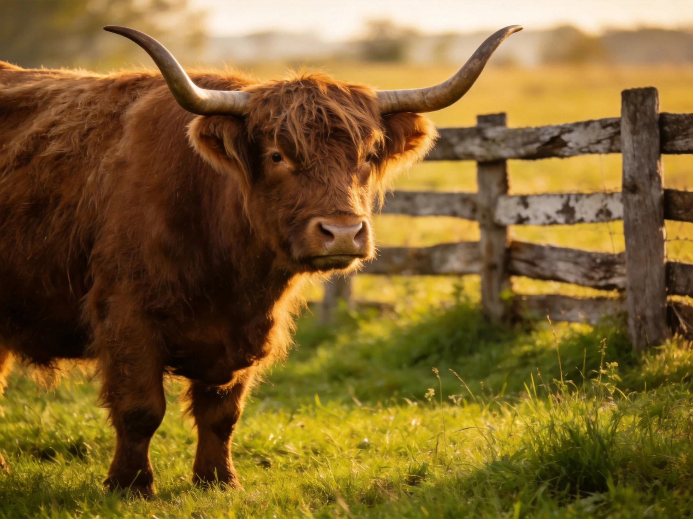 A large brown Highland cow stands near an aged wooden fence in a sunlit field