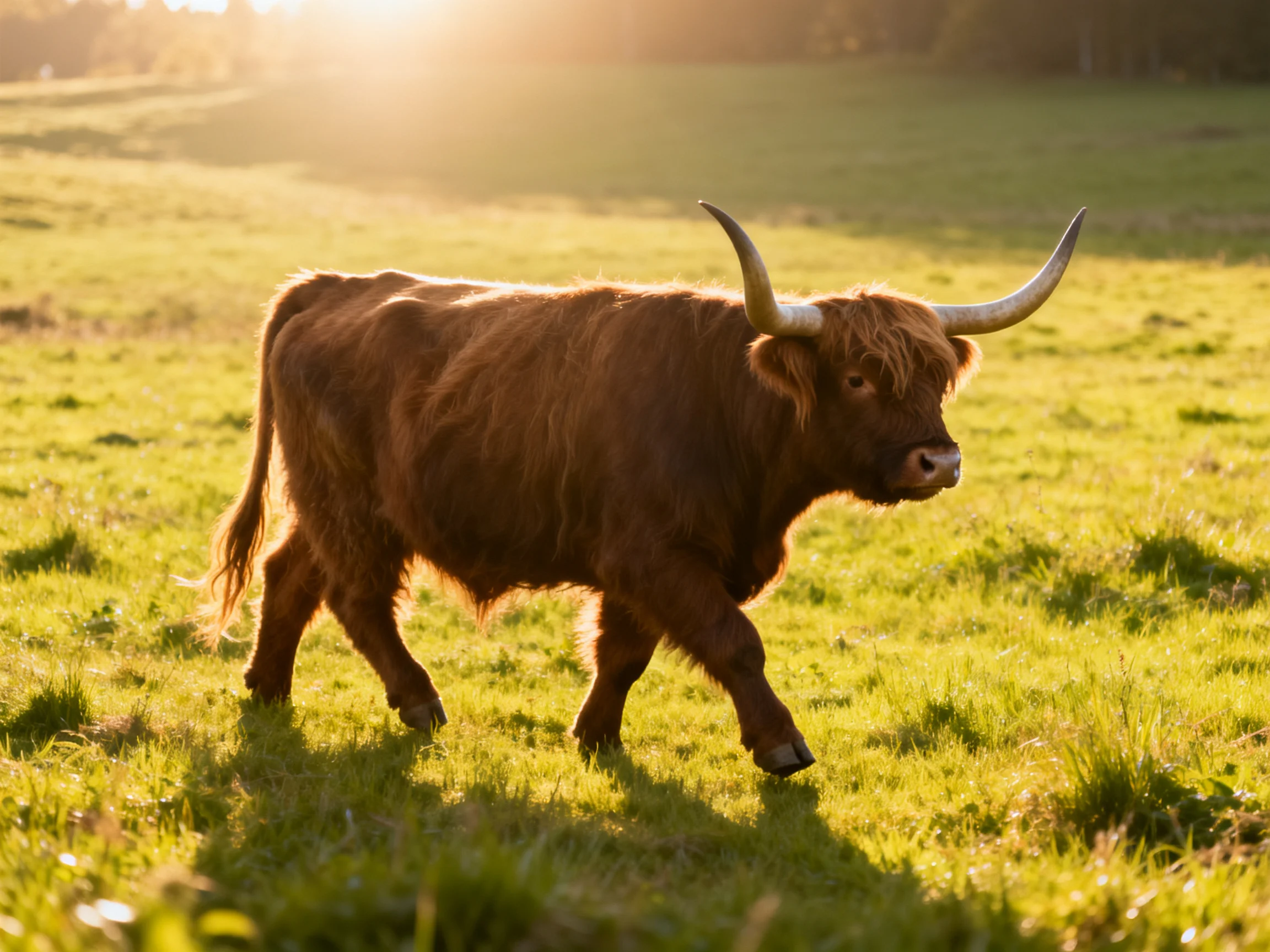 A large brown Highland cow walks through a sunlit green pasture