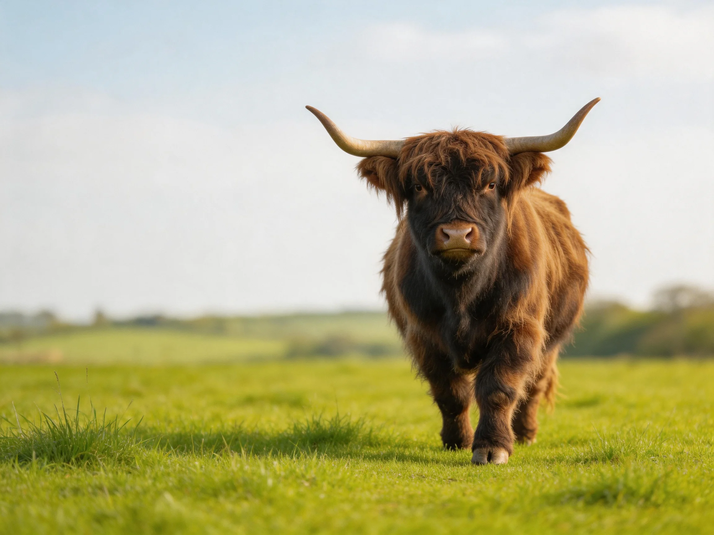 A large brown Highland cow with long curved horns in a green meadow