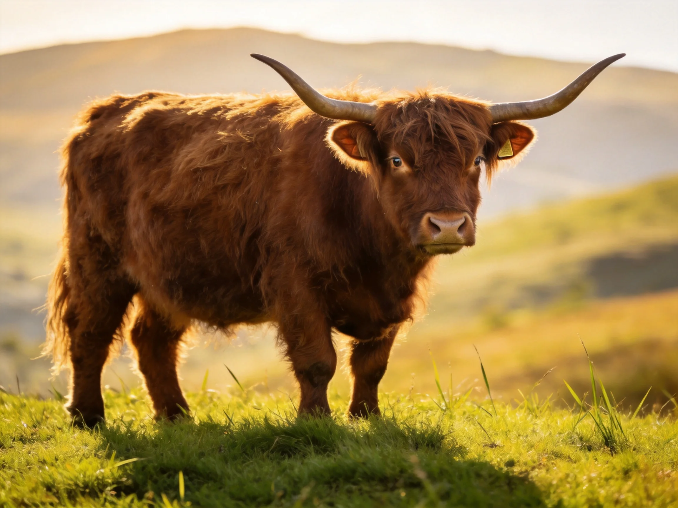 A large brown Highland cow with long curved horns in a sunlit meadow