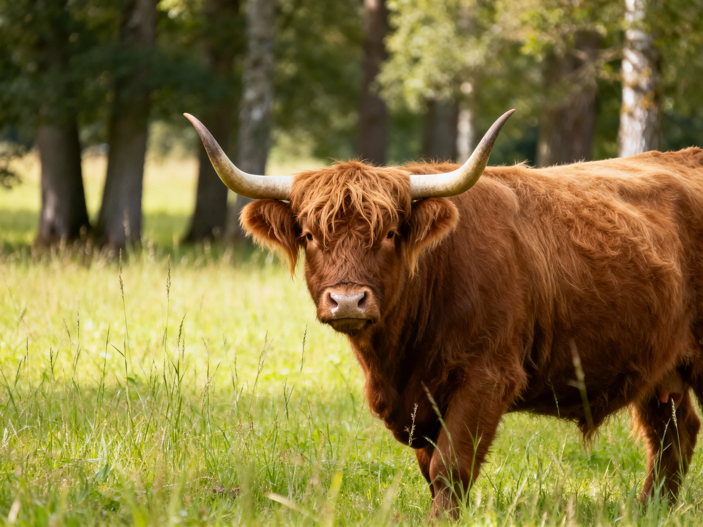A large brown Highland cow with long curved horns in a sunlit meadow