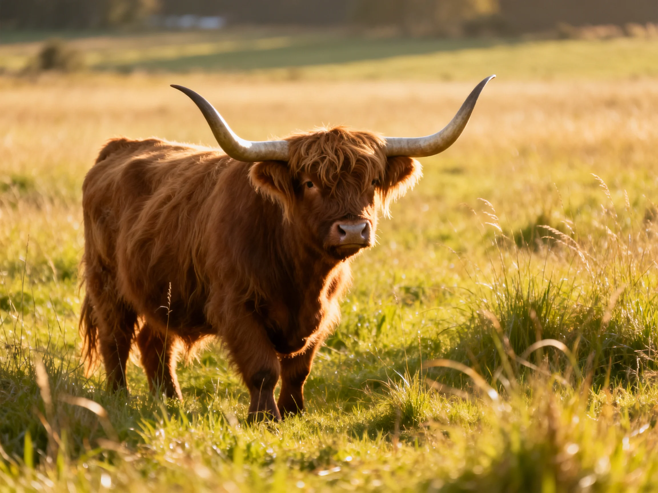 A large brown Highland cow with long curved horns in a sunlit meadow