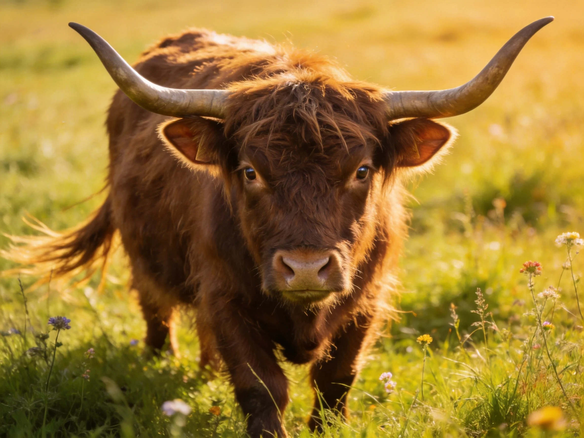 A large brown Highland cow with long curved horns in a sunlit meadow