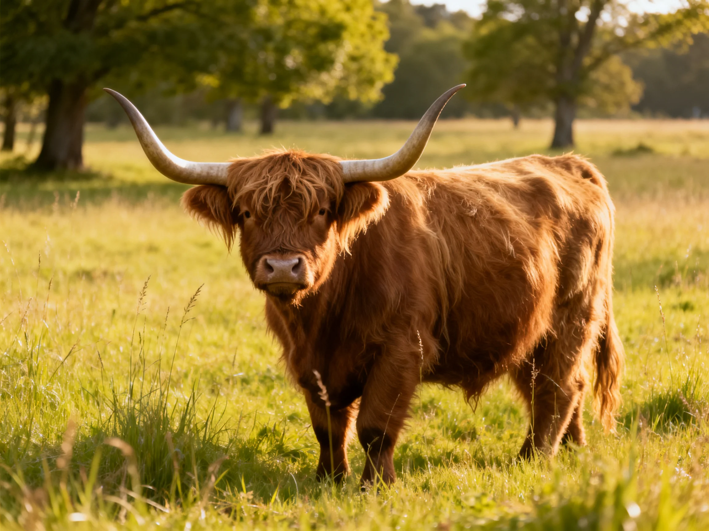 A brown Highland cow with long curved horns stands in a sunlit meadow.