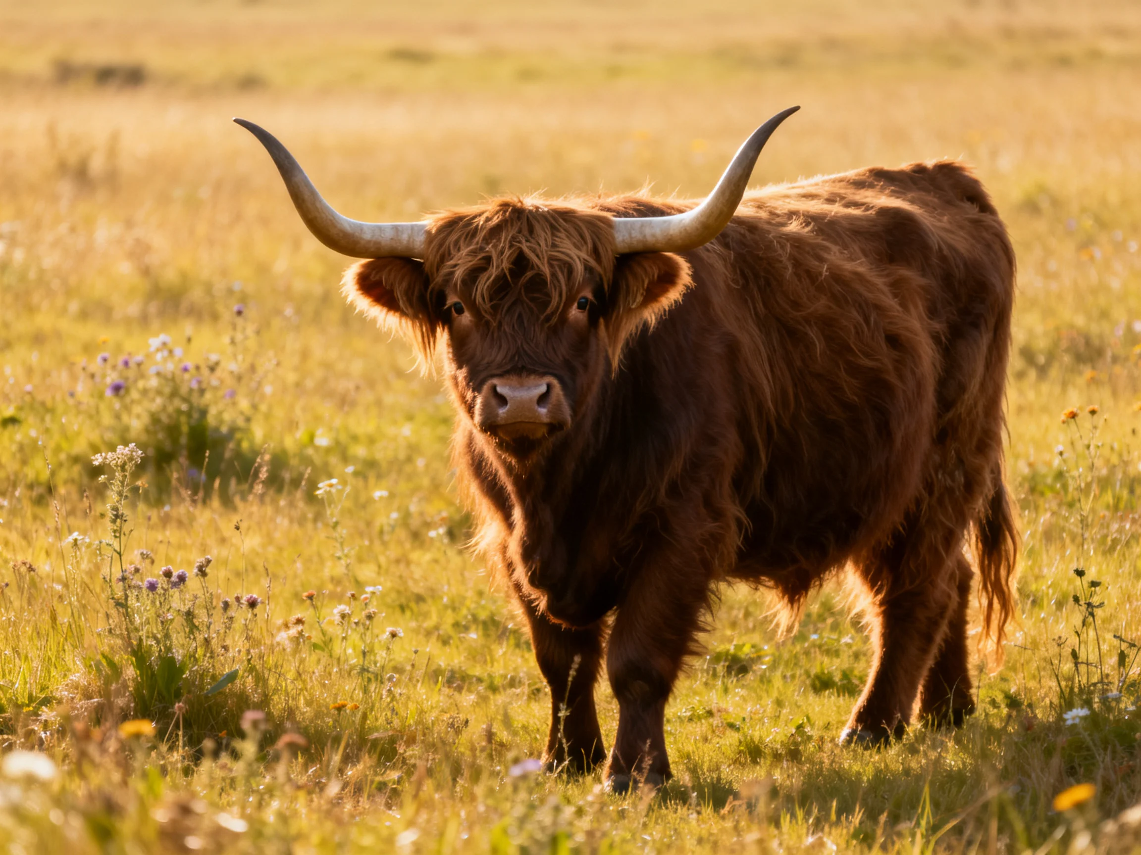A large brown Highland cow stands in a sunlit meadow with wildflowers.