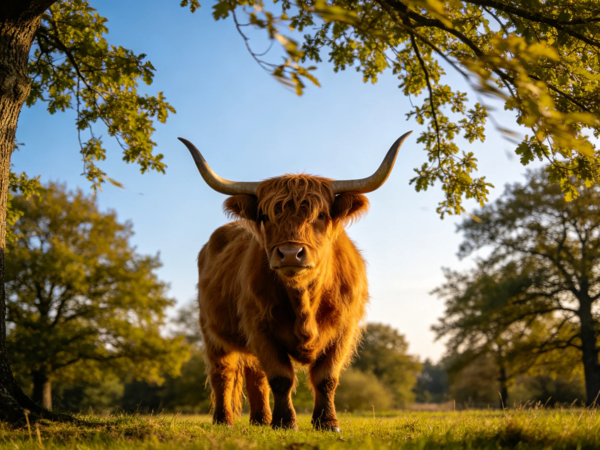 A large brown Highland cow stands in a sunlit meadow near trees.