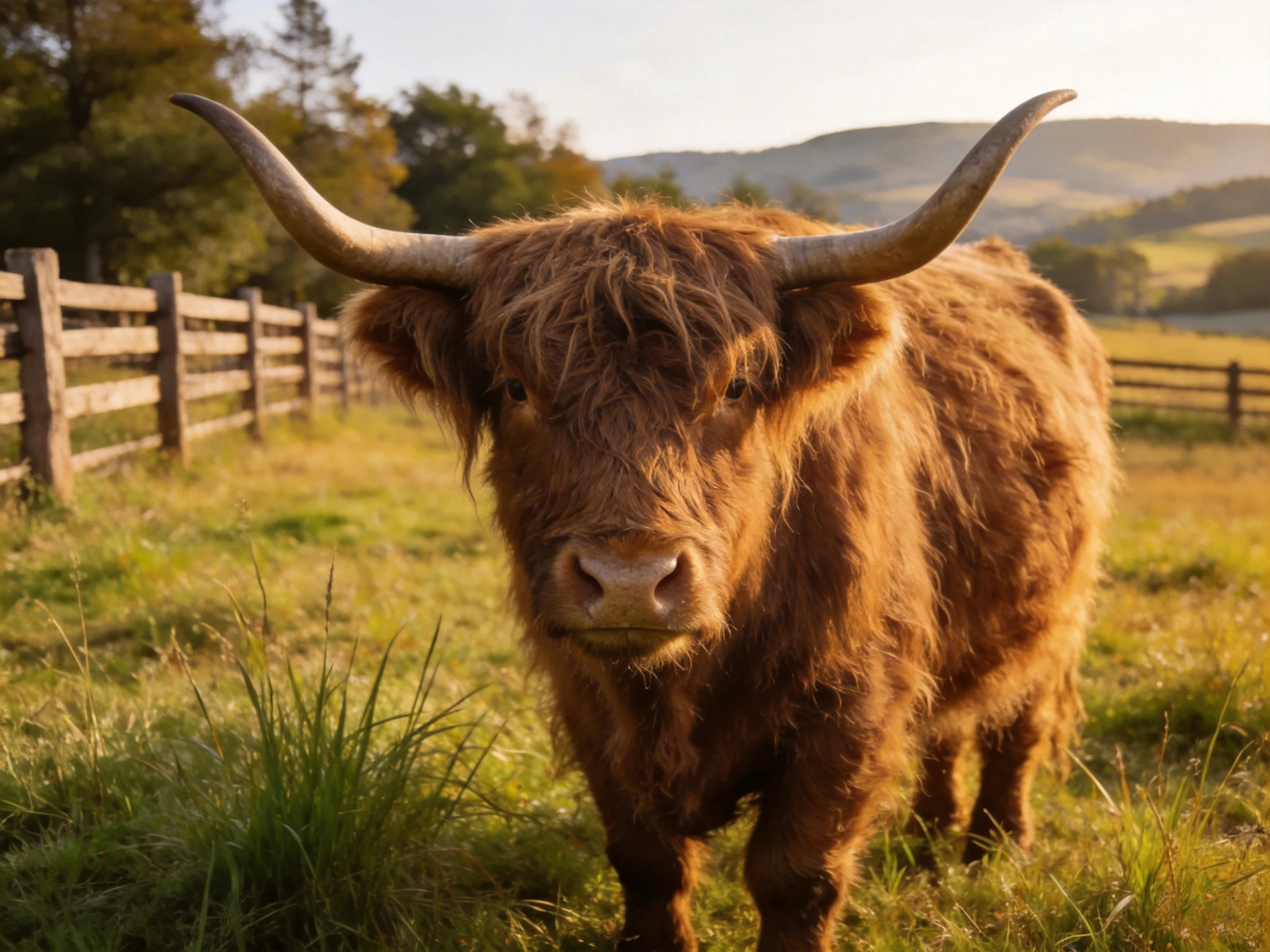 A large brown Highland cow with long horns near wooden fences in a sunlit pasture