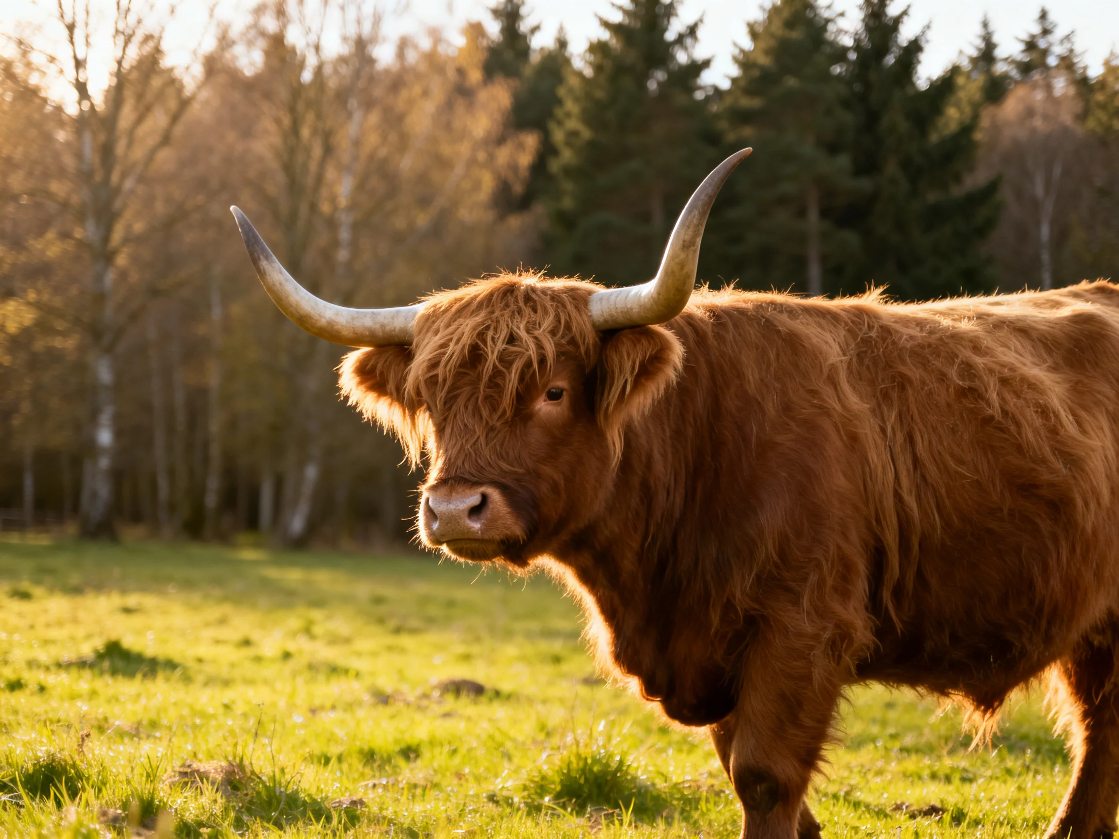 A large brown Highland cow stands in a sunlit meadow near tall trees.
