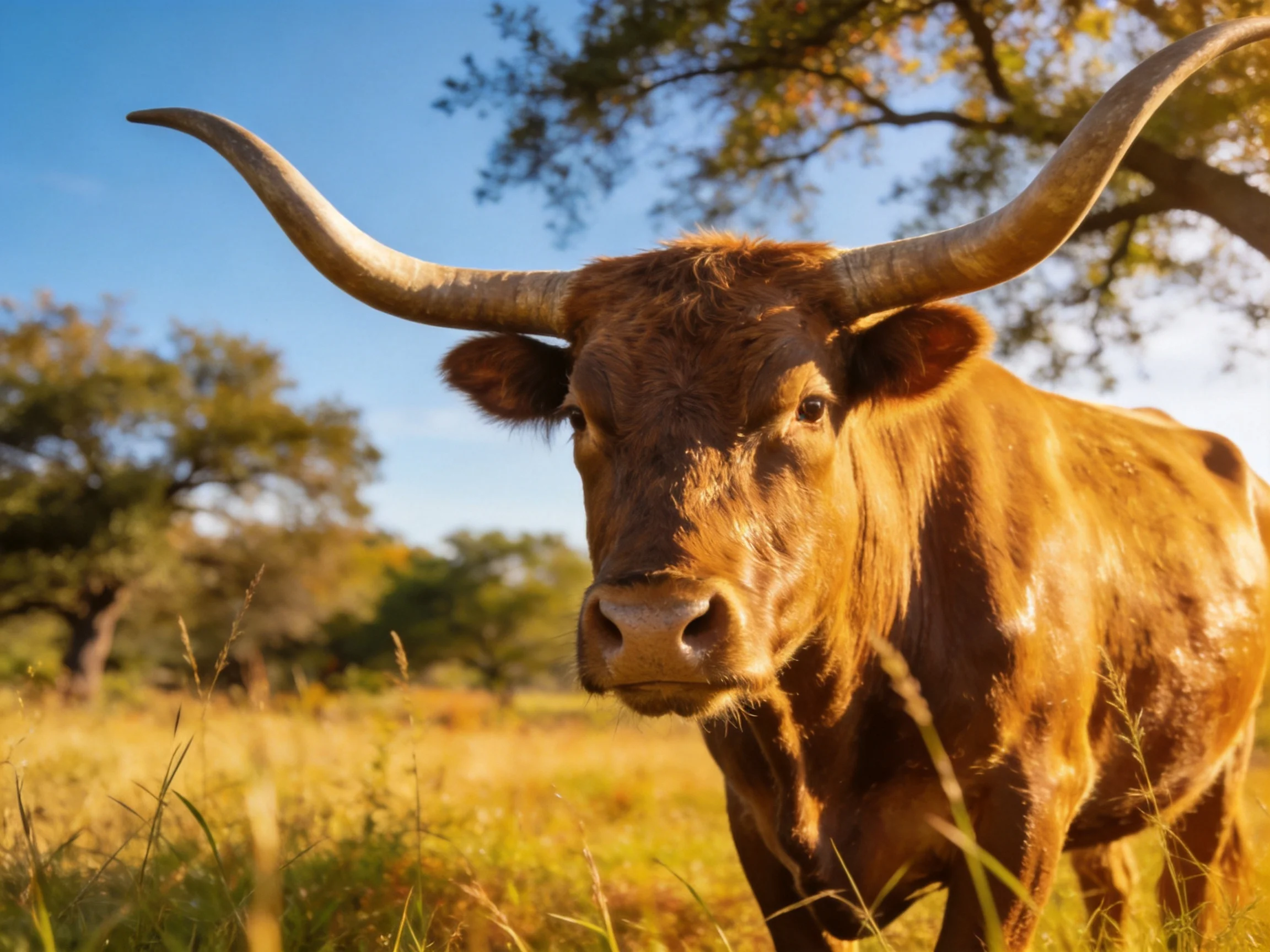 A large brown Longhorn cow stands in a sunlit grassy field