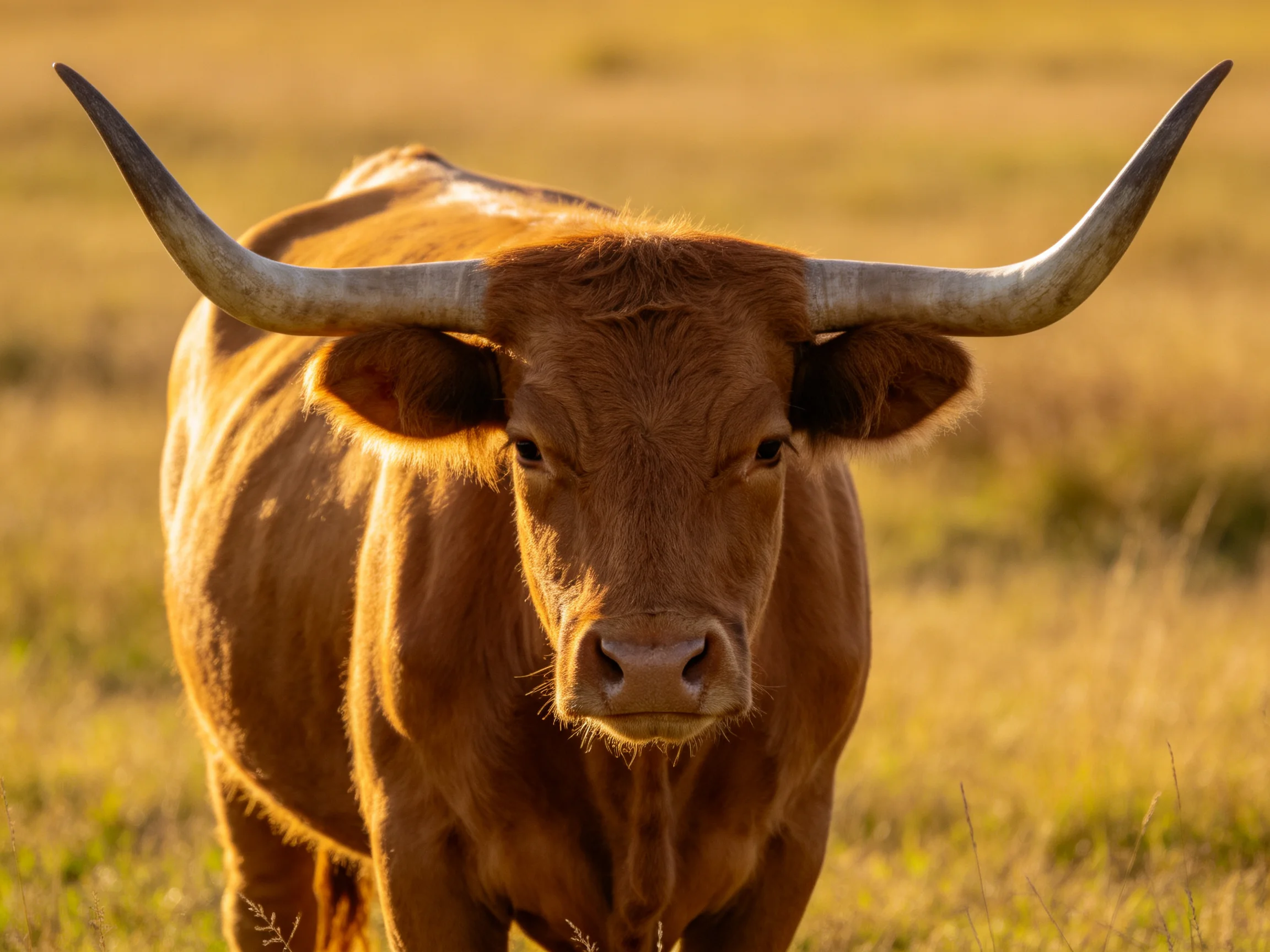 A large brown Longhorn cow with long curved horns