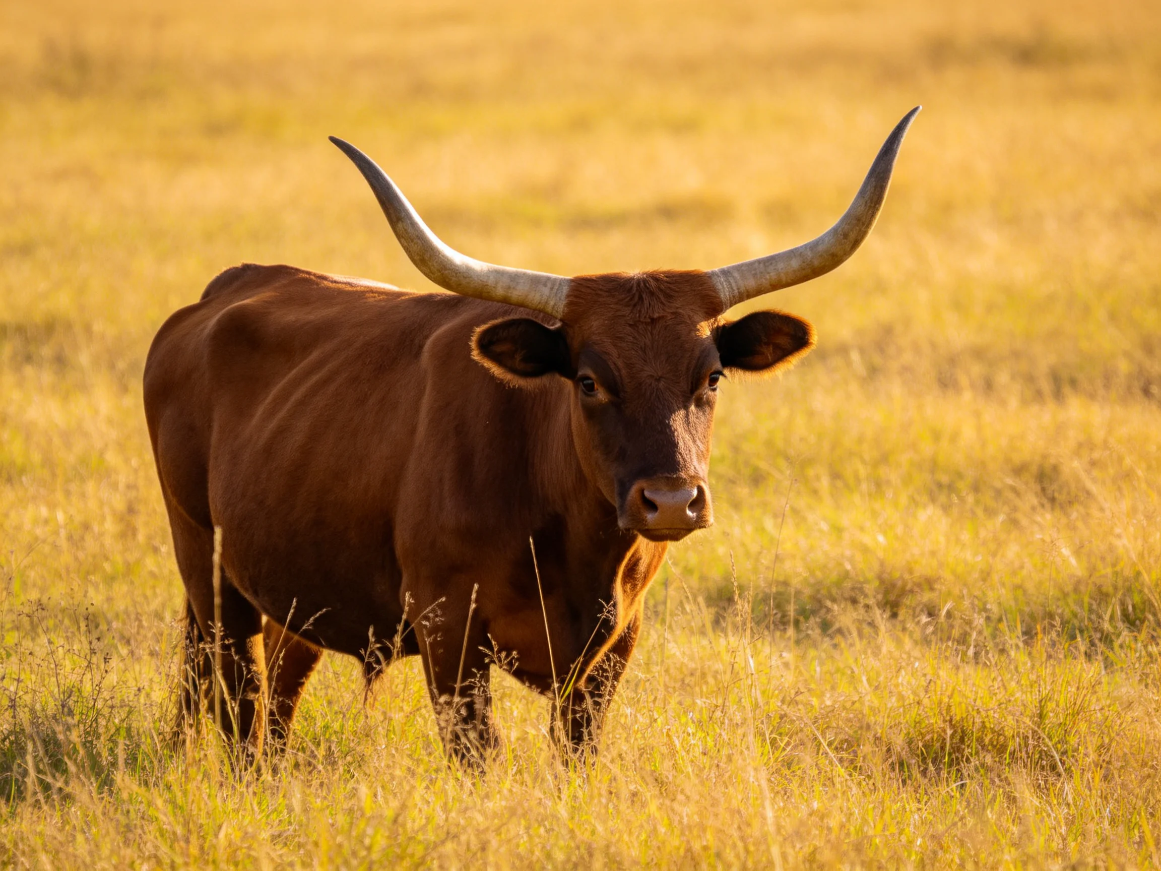 A large brown Longhorn cow with long curved horns in a golden grassy field