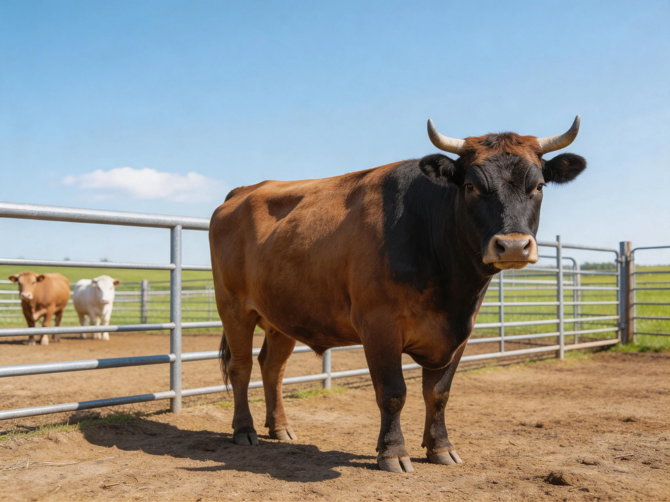 A large brown-and-black bull near a metal fence with two smaller cows