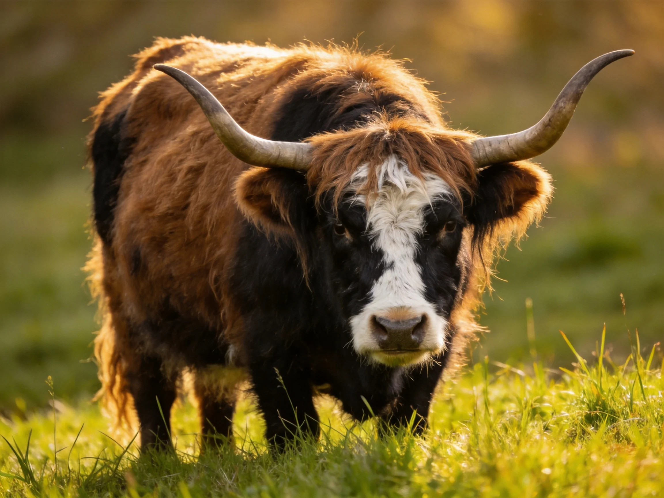 A large brown and black horned cow stands in sun-drenched grassland