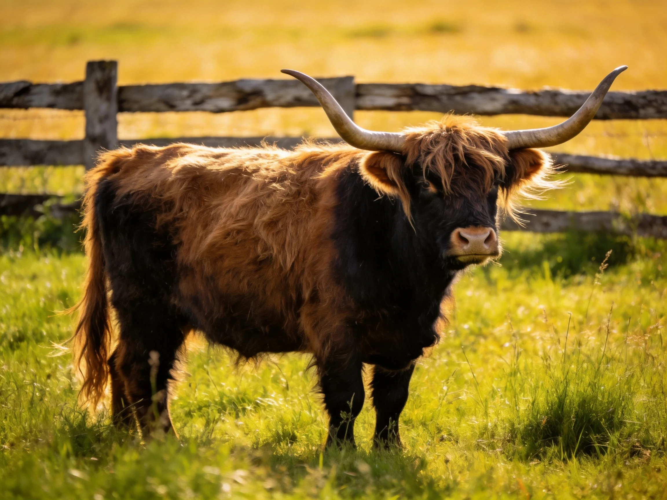 A large brown and black longhorn cow stands near a wooden fence in a sunlit meadow