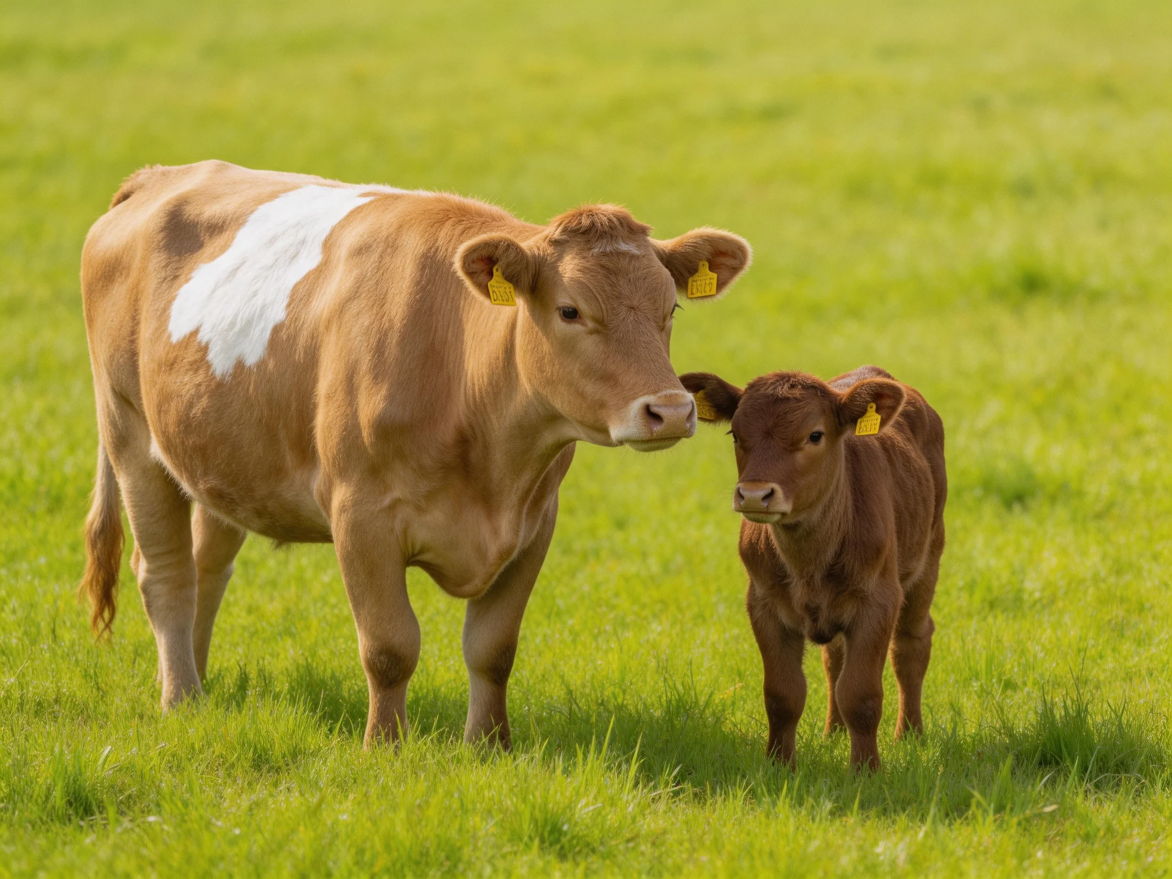 A large brown-and-white cow and small brown calf in a green pasture