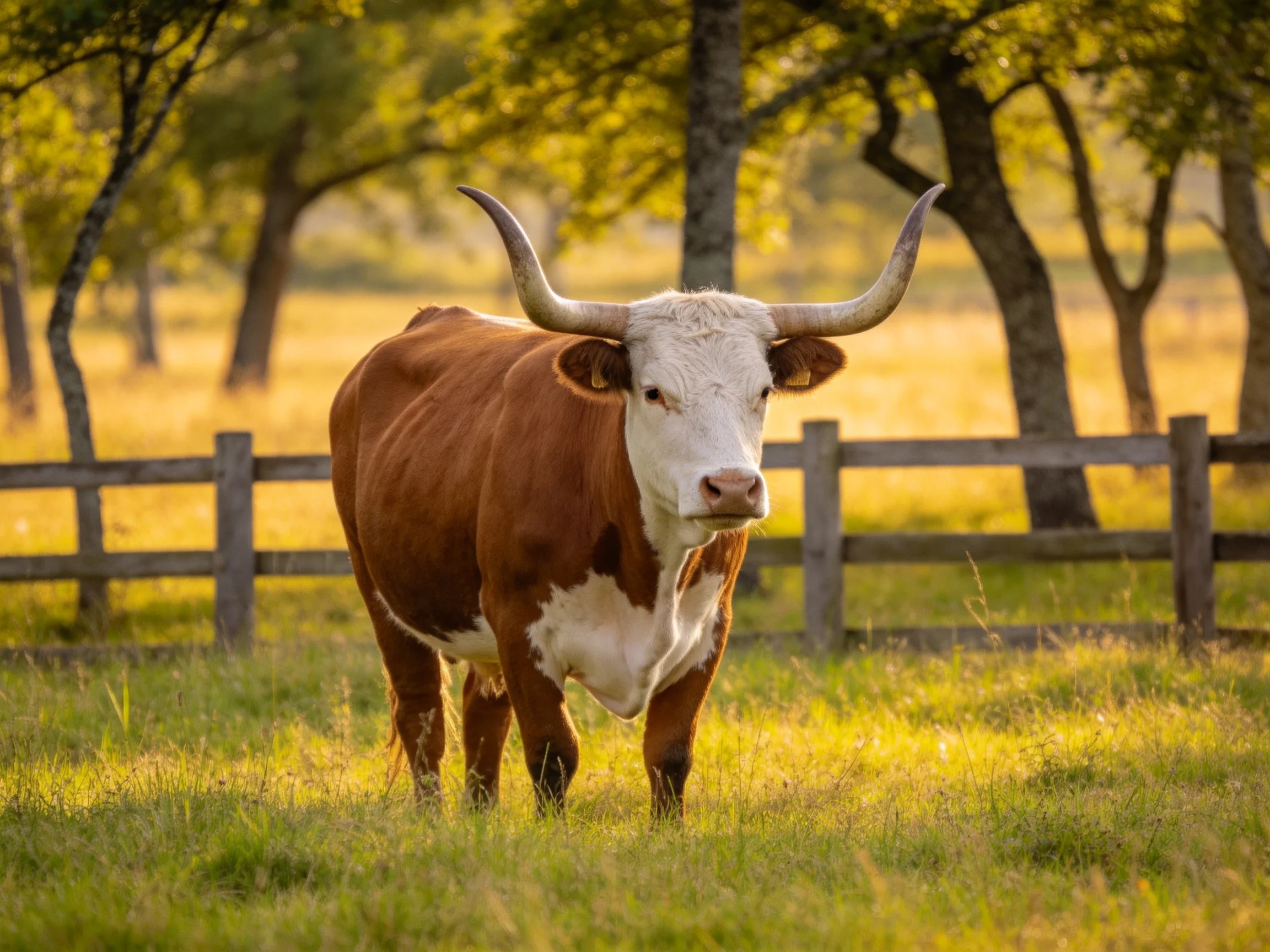 A large brown-and-white horned cow in a sunlit fenced pasture