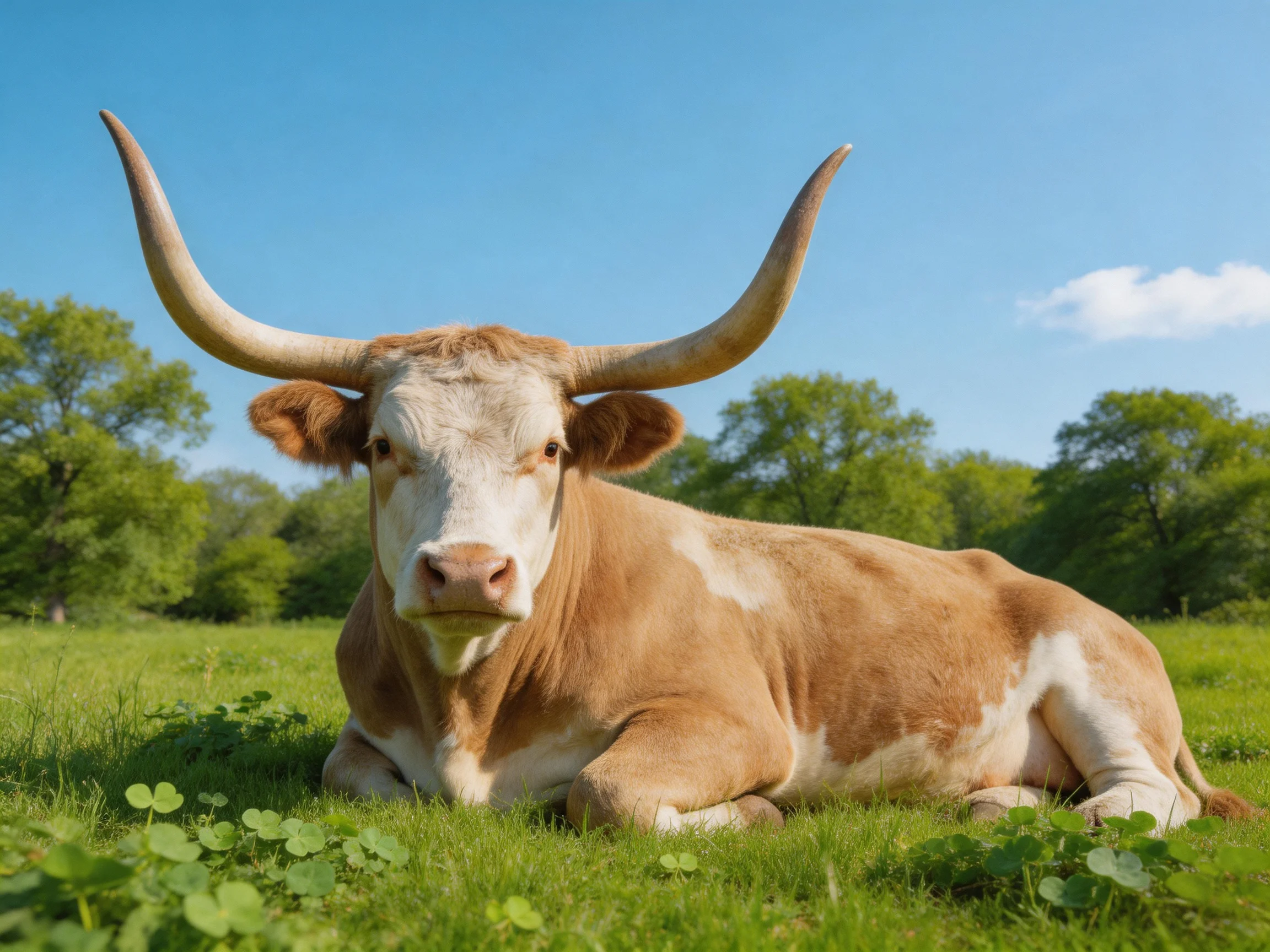 A large brown-and-white horned cow resting in a sunny green meadow