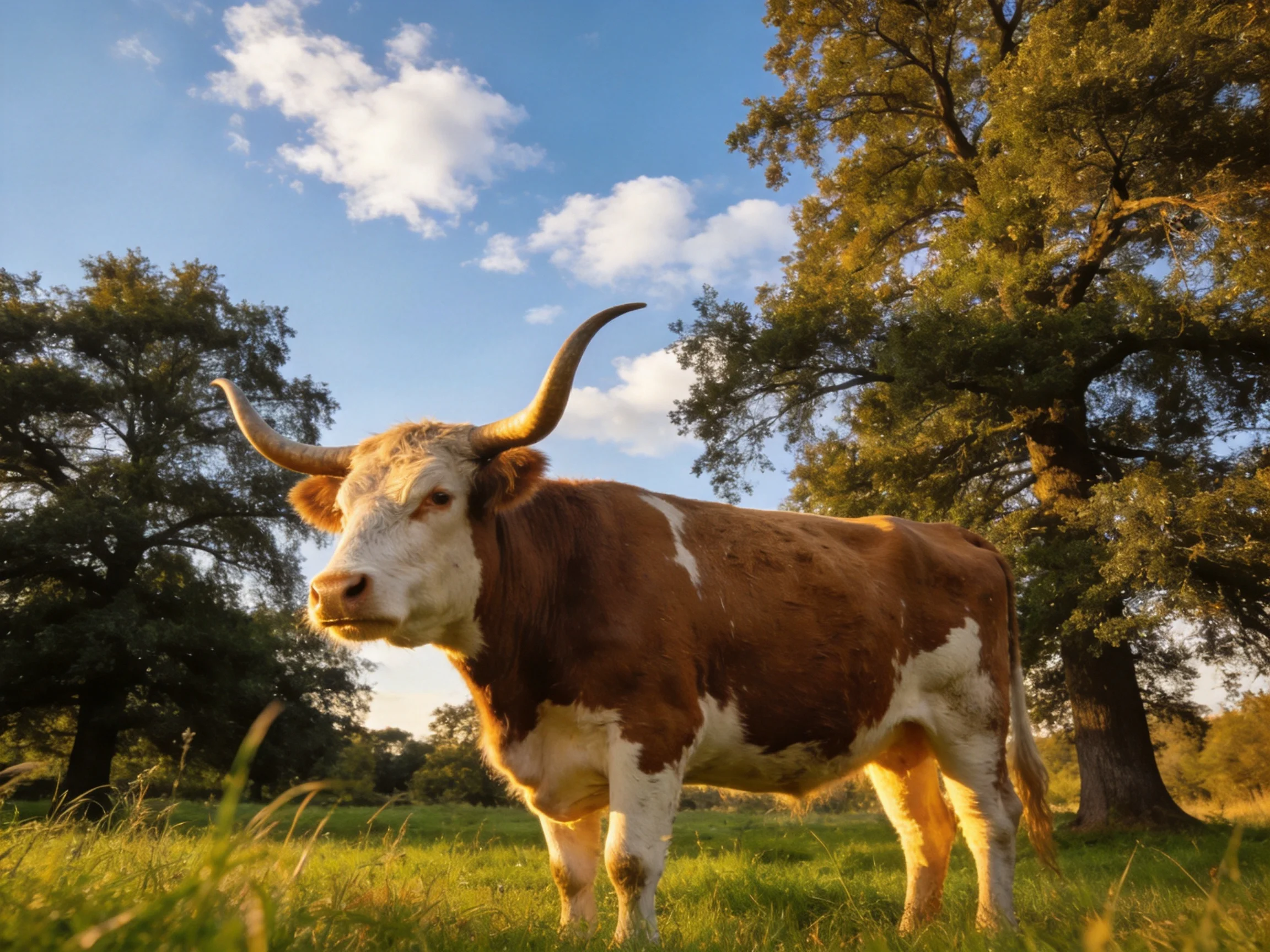 A large brown-and-white horned cow stands in a sunlit grassy field
