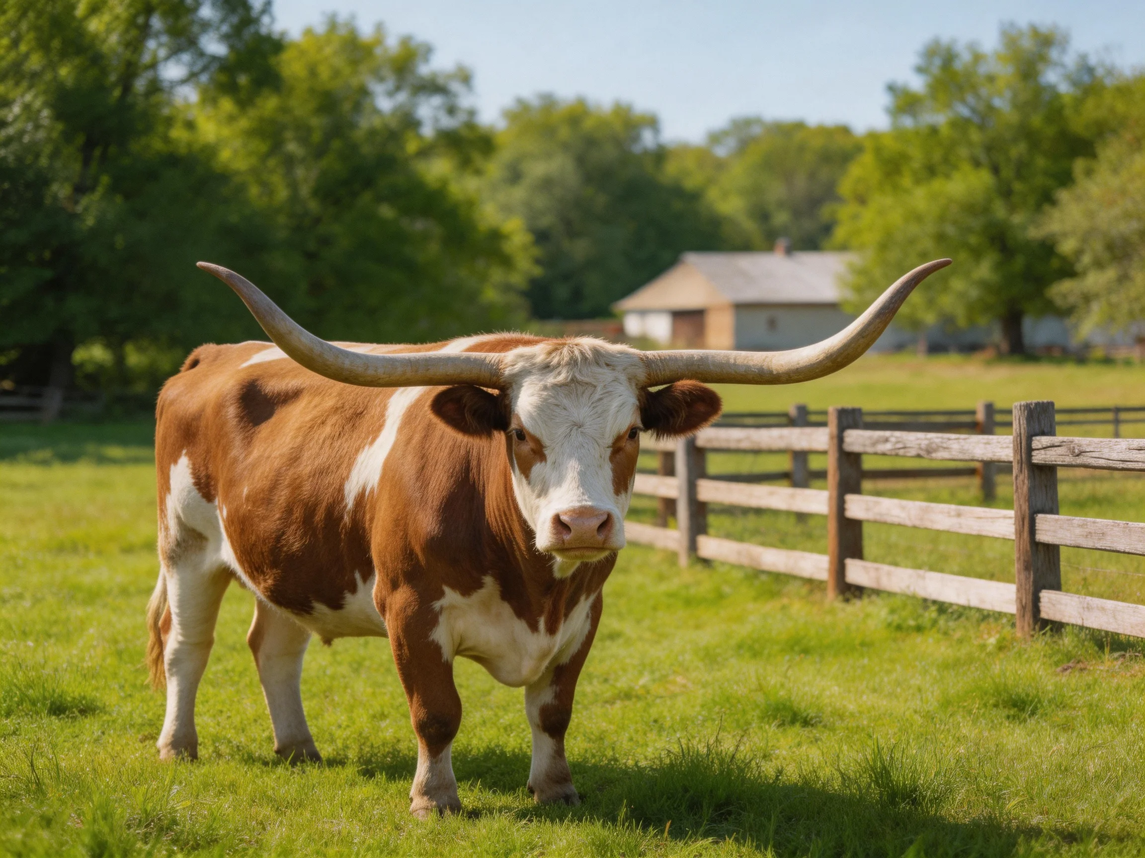 A large brown-and-white longhorn cow with extended horns stands in a green pasture