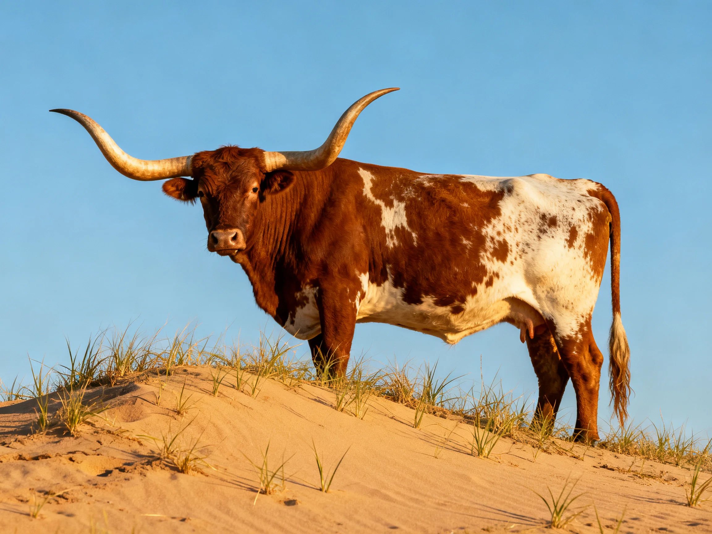 A large brown-and-white longhorn stands atop sandy dunes under bright blue sky