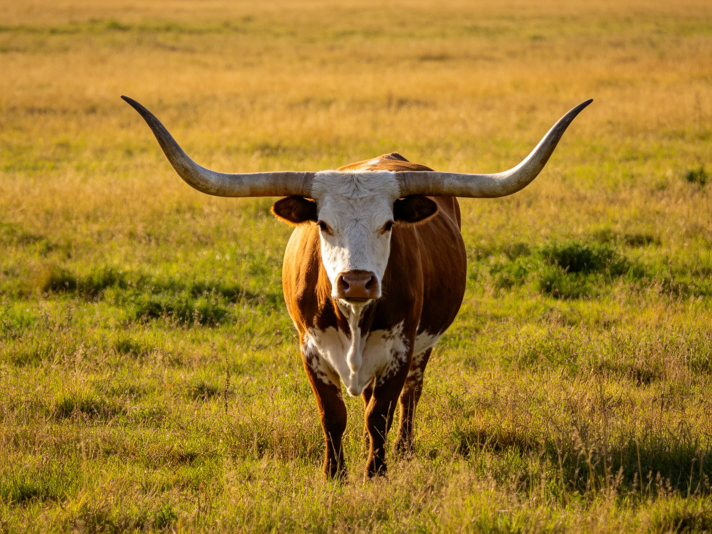A large brown-and-white longhorn stands in a golden-green pasture