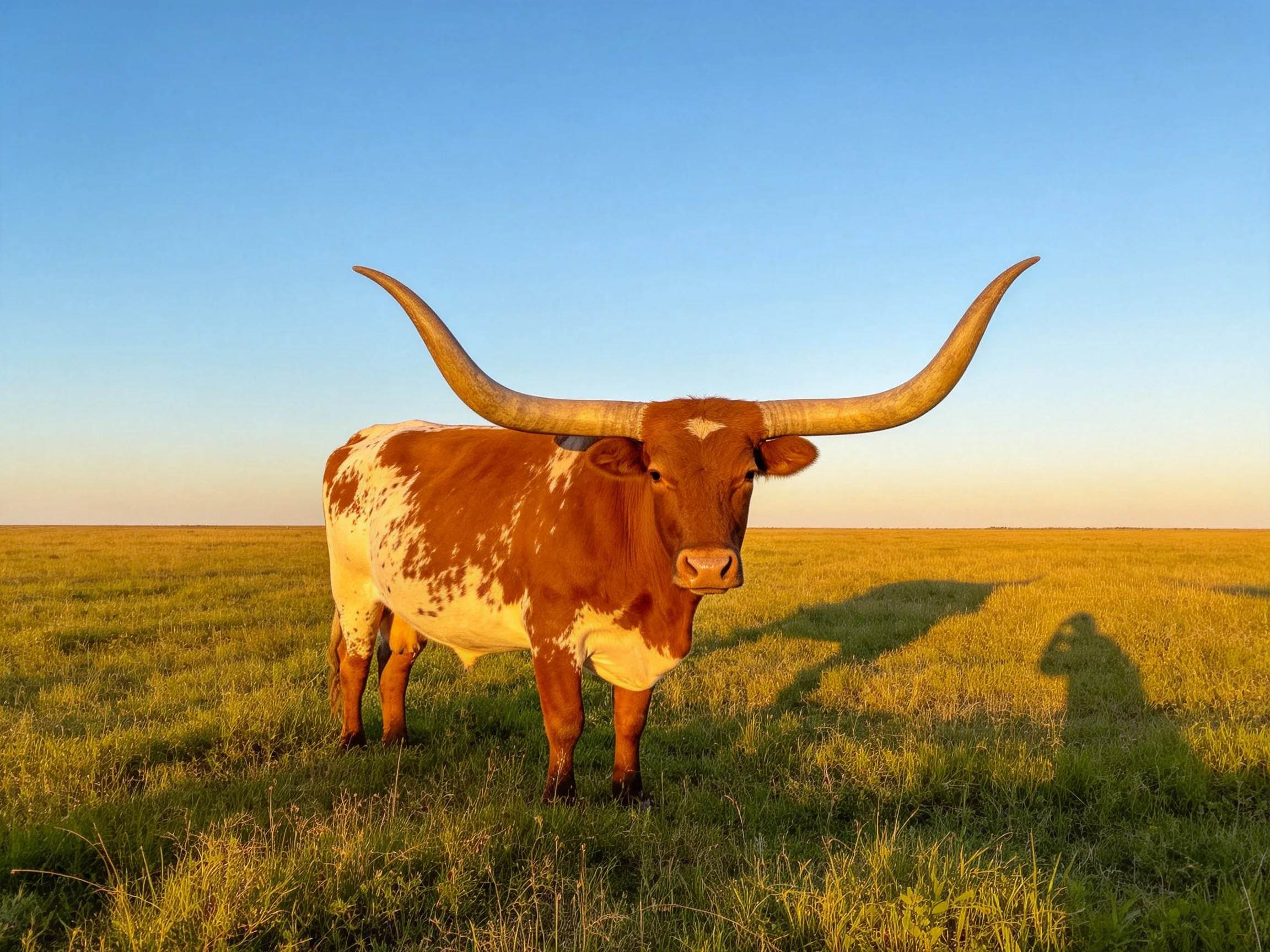 A longhorn with long curved horns stands in a sunlit open field.