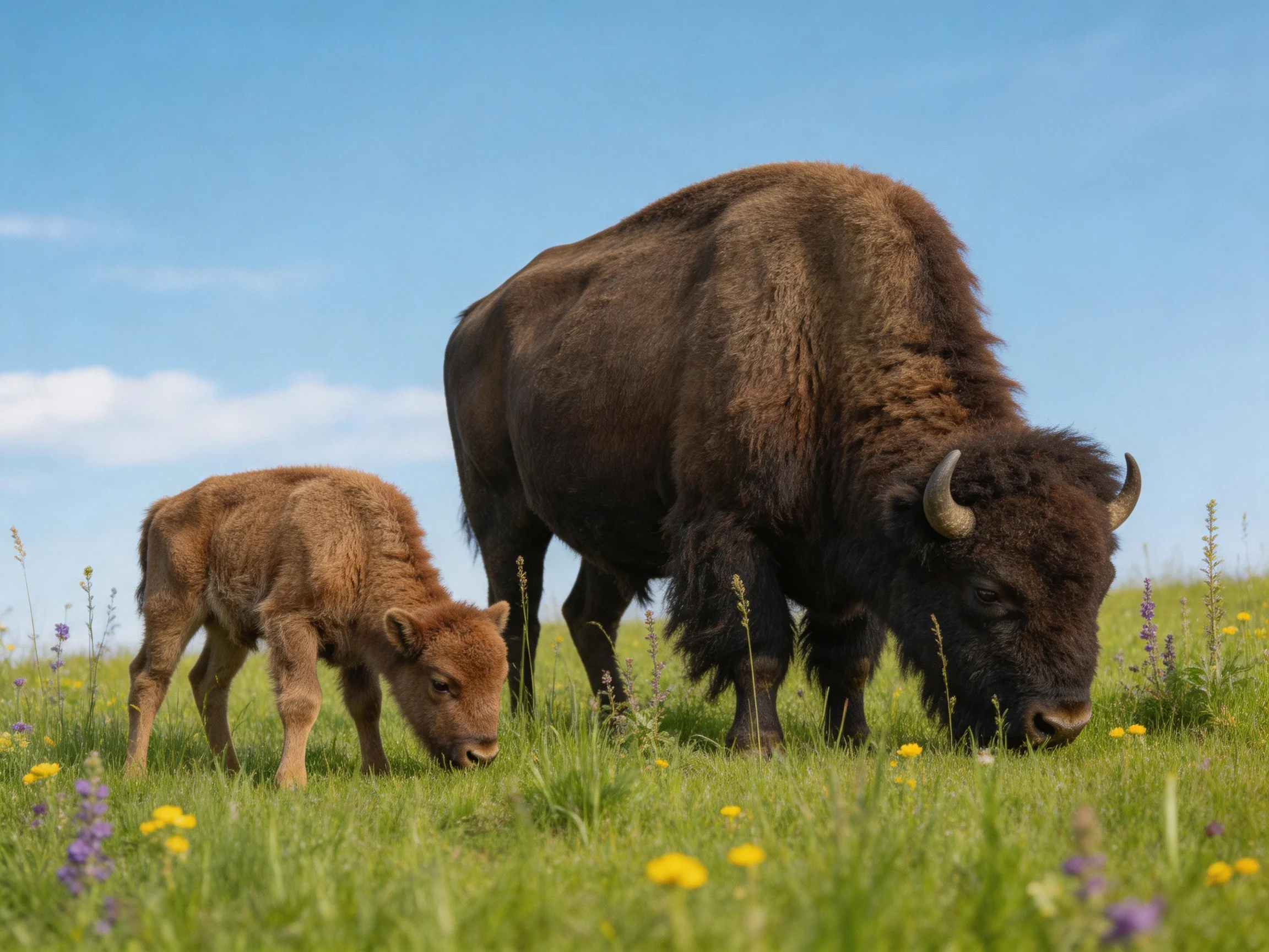 A large brown bison and a small brown bison graze in a flowered green meadow