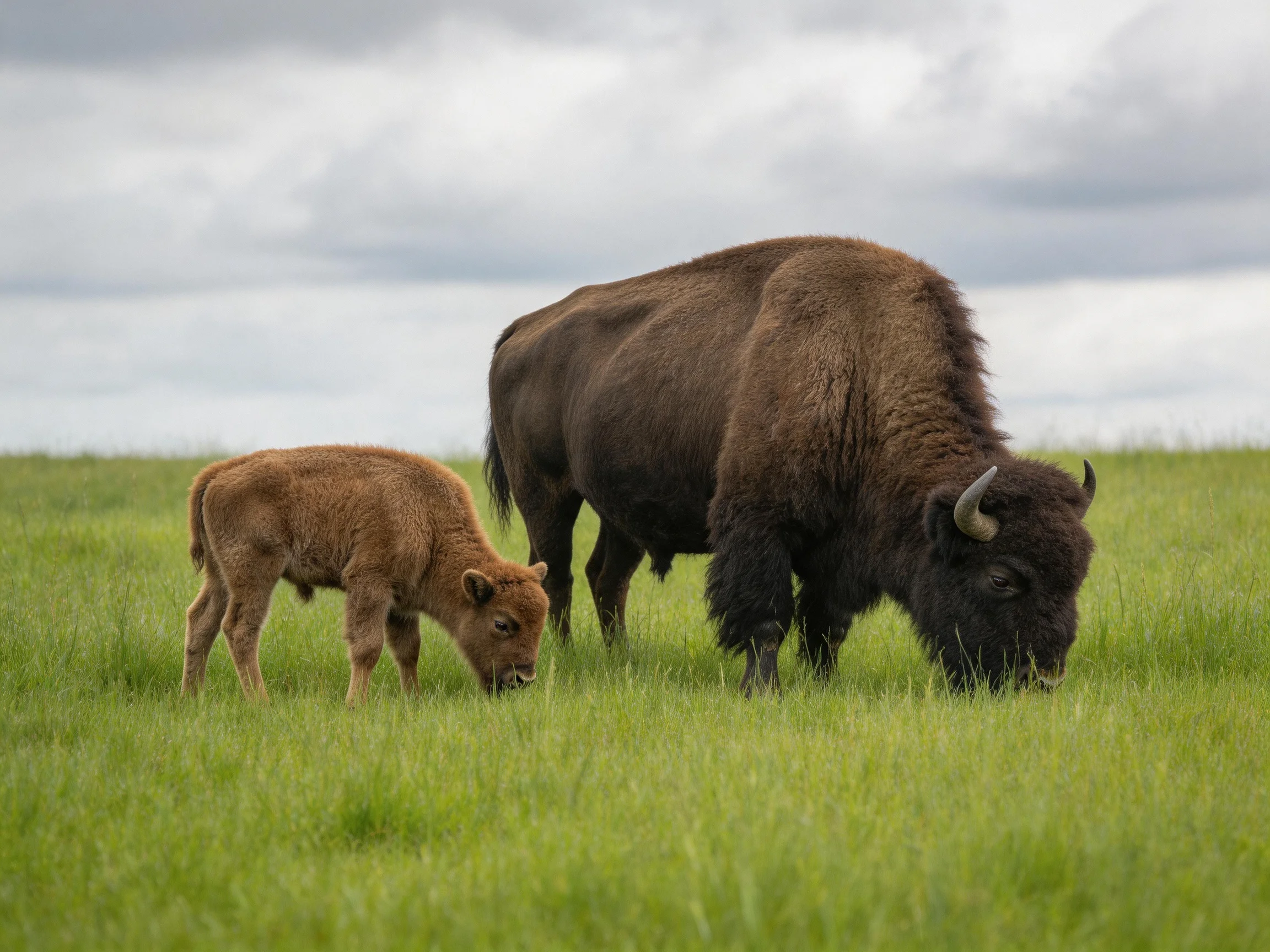 A large brown bison and small tan calf graze in lush green grass