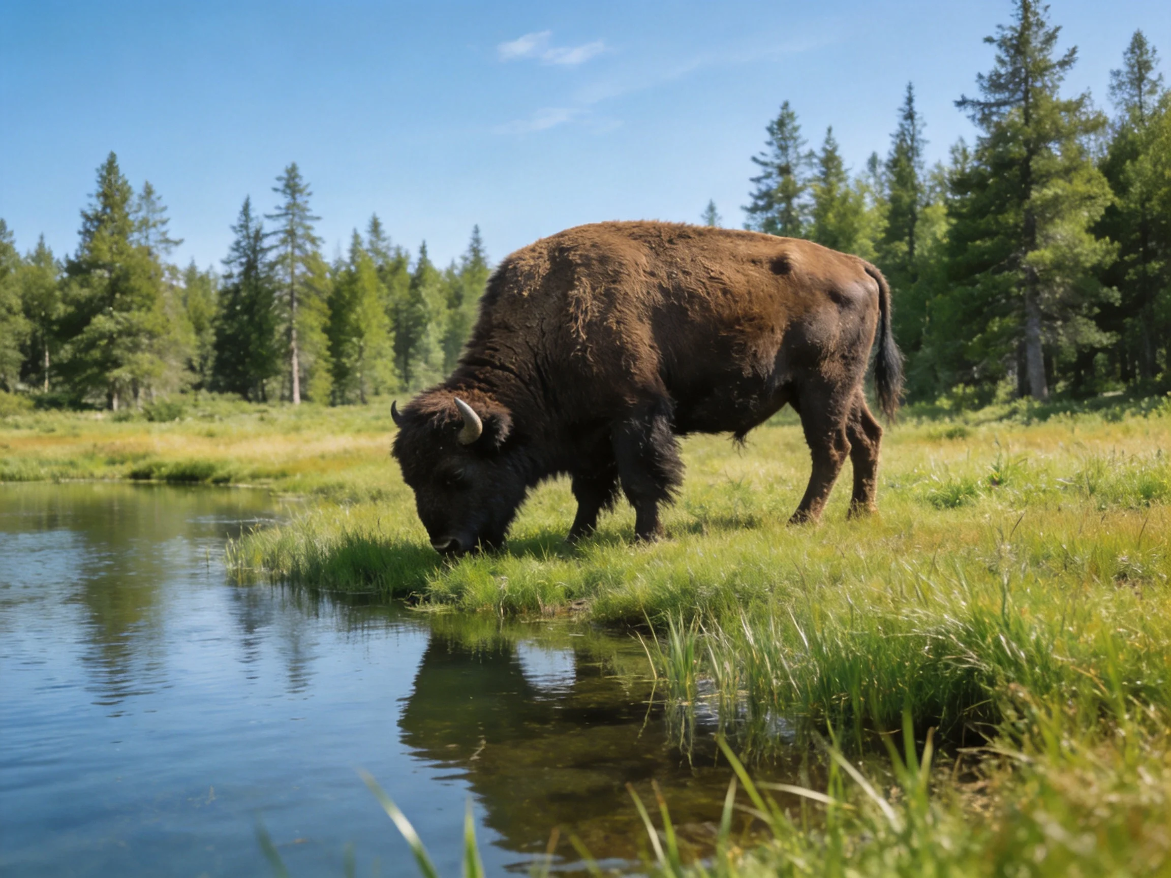 A large brown bison grazing by a calm stream in a forested meadow