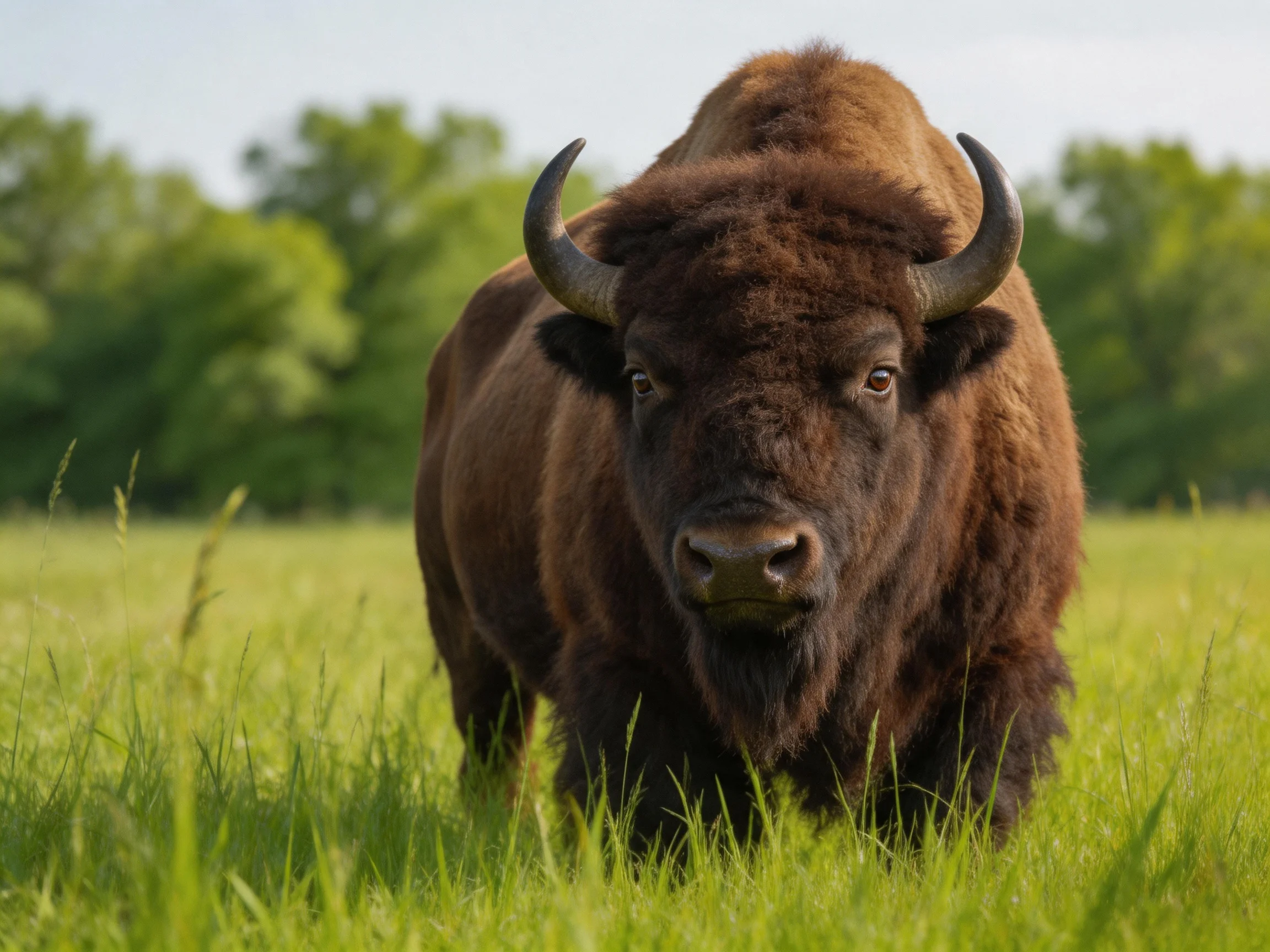 A large brown bison in a lush green pasture