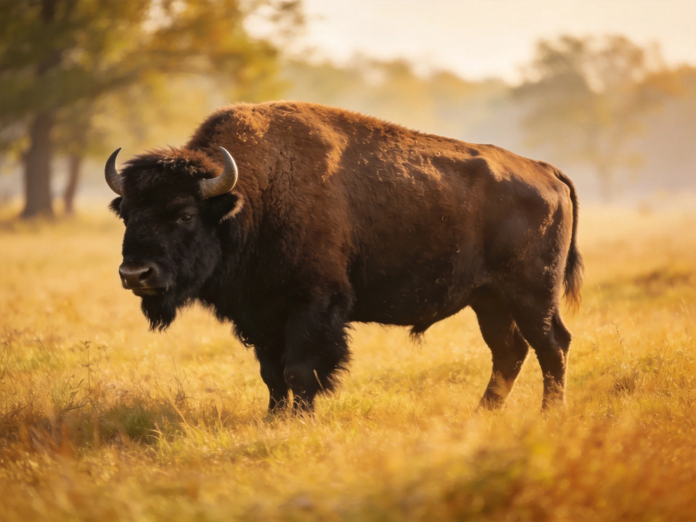 A large brown bison roams a golden grassy meadow with trees