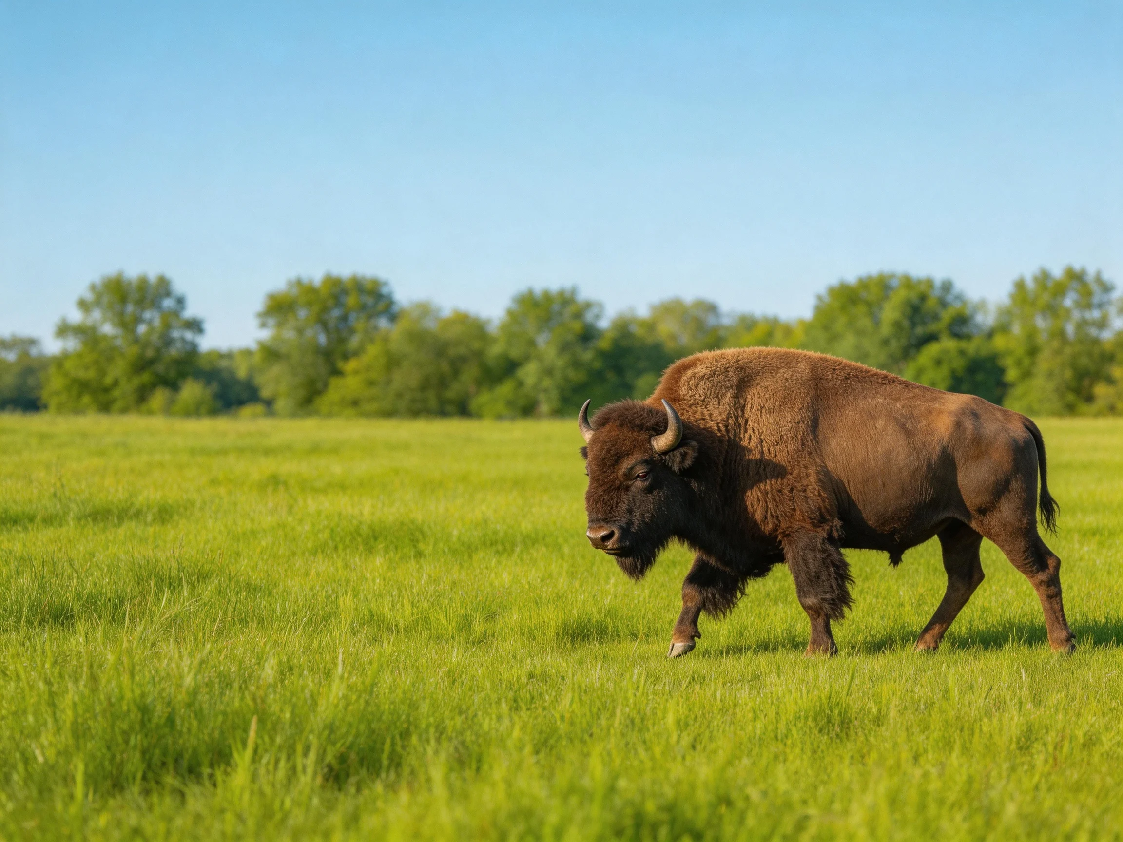 A large brown bison roams a lush green meadow with distant trees