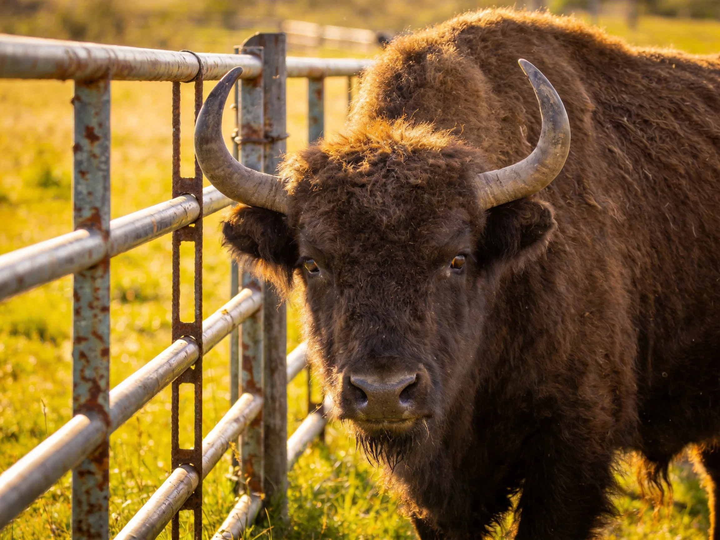 A large brown bison stands by a rusted metal fence in golden sunlight