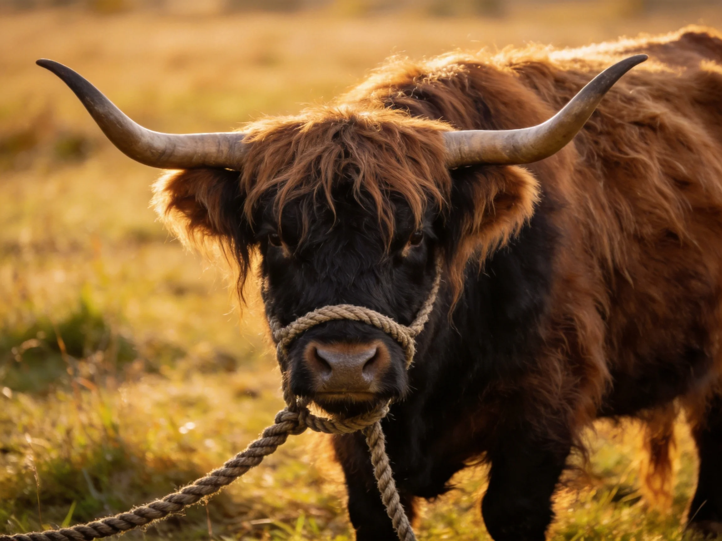 A large brown-black Highland cow with curved horns in a golden field