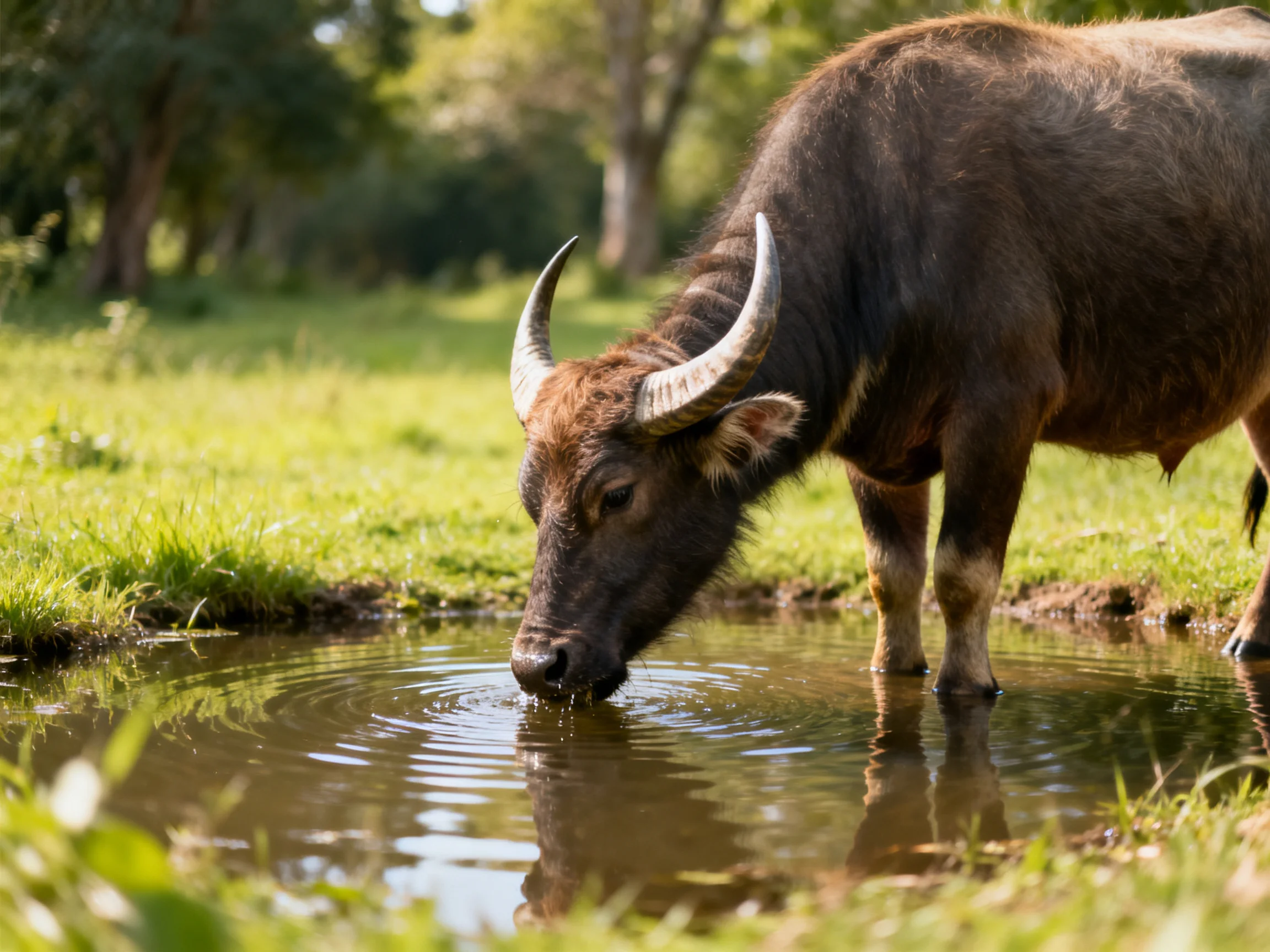 A large brown buffalo drinks from a small pond near lush green grass