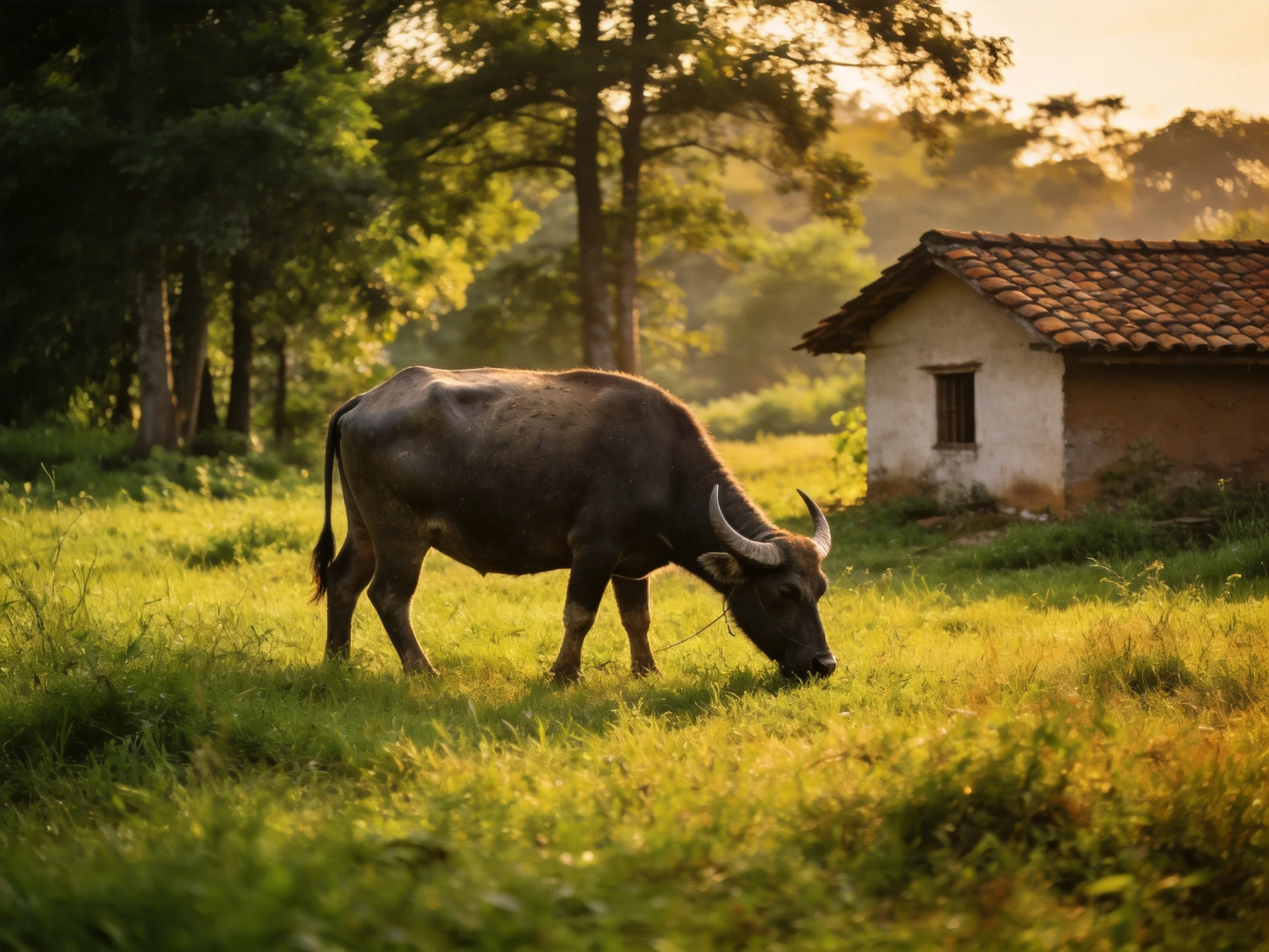 A large brown buffalo grazes in a golden-green meadow near an old white cottage