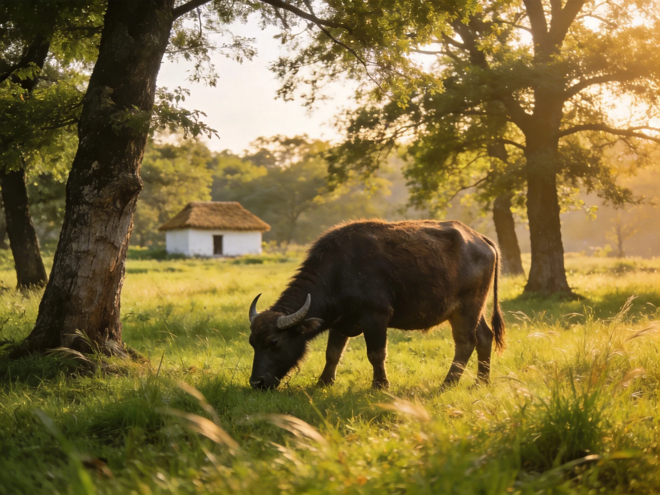 A large brown buffalo grazes in a sunlit green meadow near a small white cottage